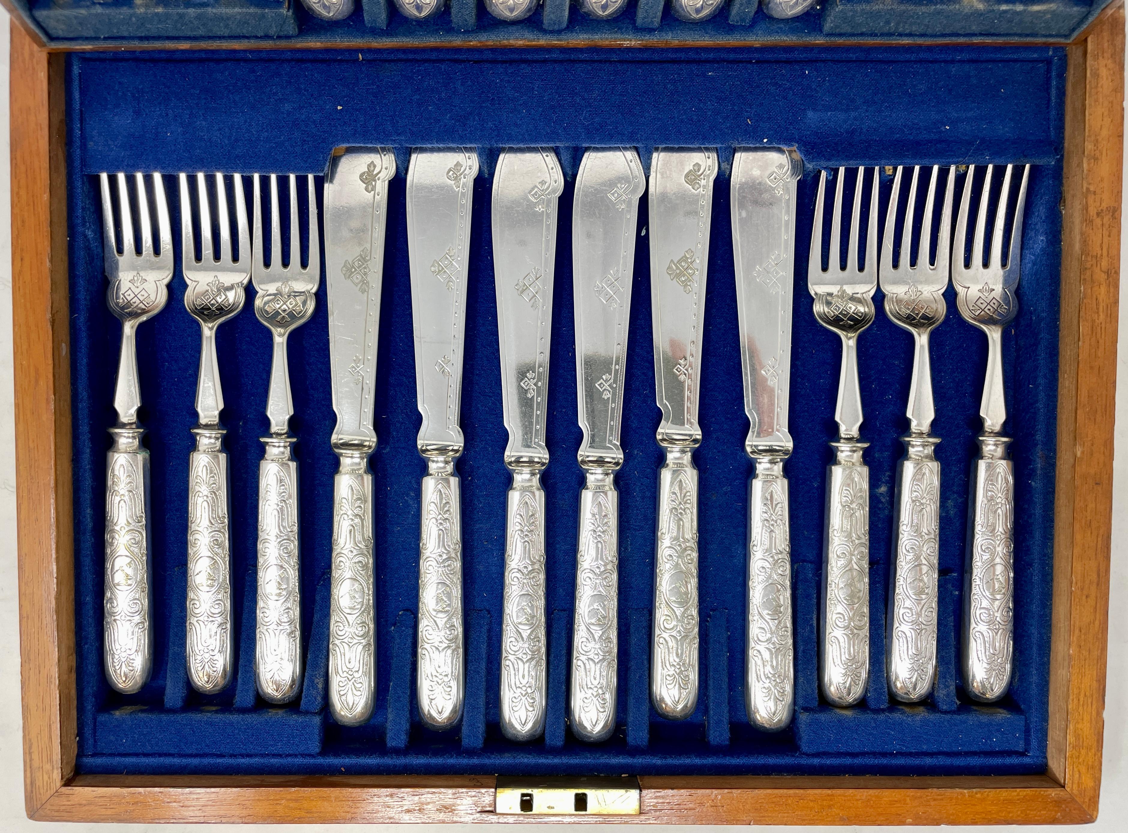 19th Century Antique English Victorian Elkington & Co. Sheffield Silver Fish Service in Case