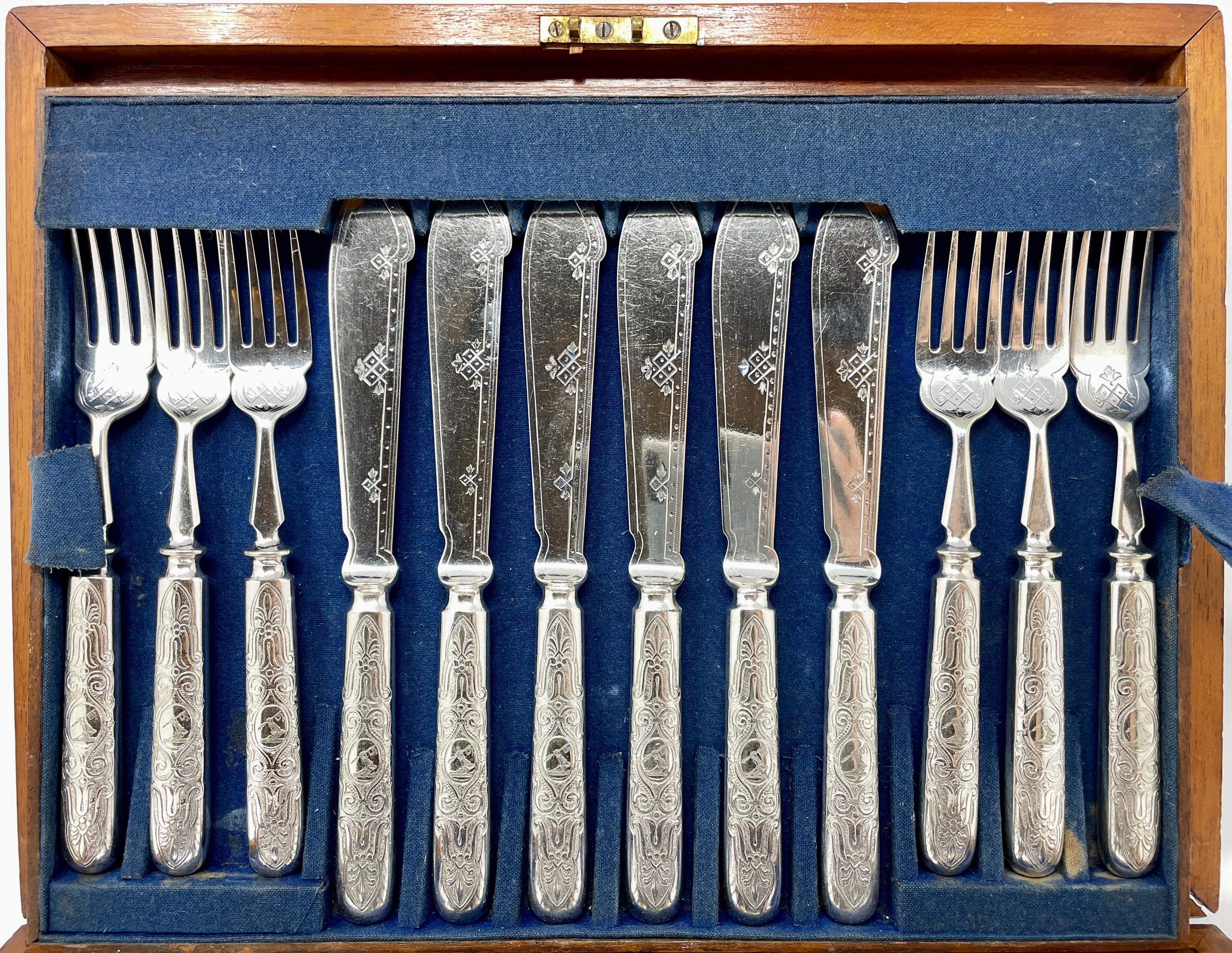 Sheffield Plate Antique English Victorian Elkington & Co. Sheffield Silver Fish Service in Case