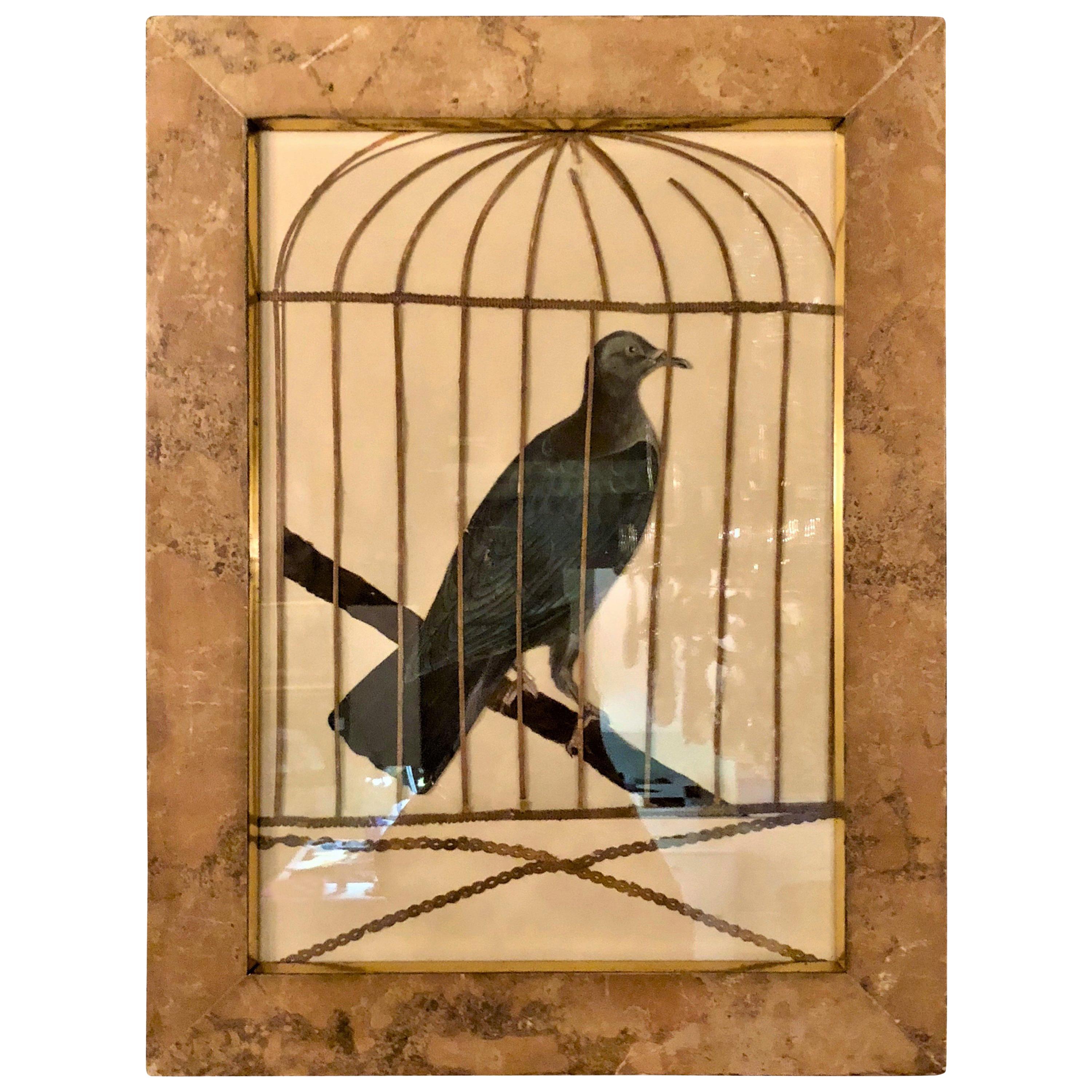 Antique English Victorian Era Framed "Decoupage" Bird Cage Print
