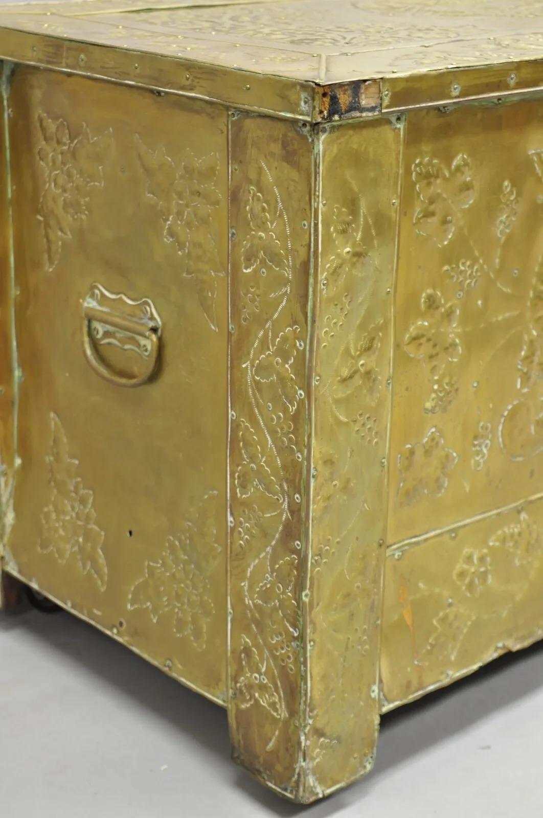 Antique English Victorian Figural Brass Clad Wooden Blanket Chest Storage Trunk For Sale 9