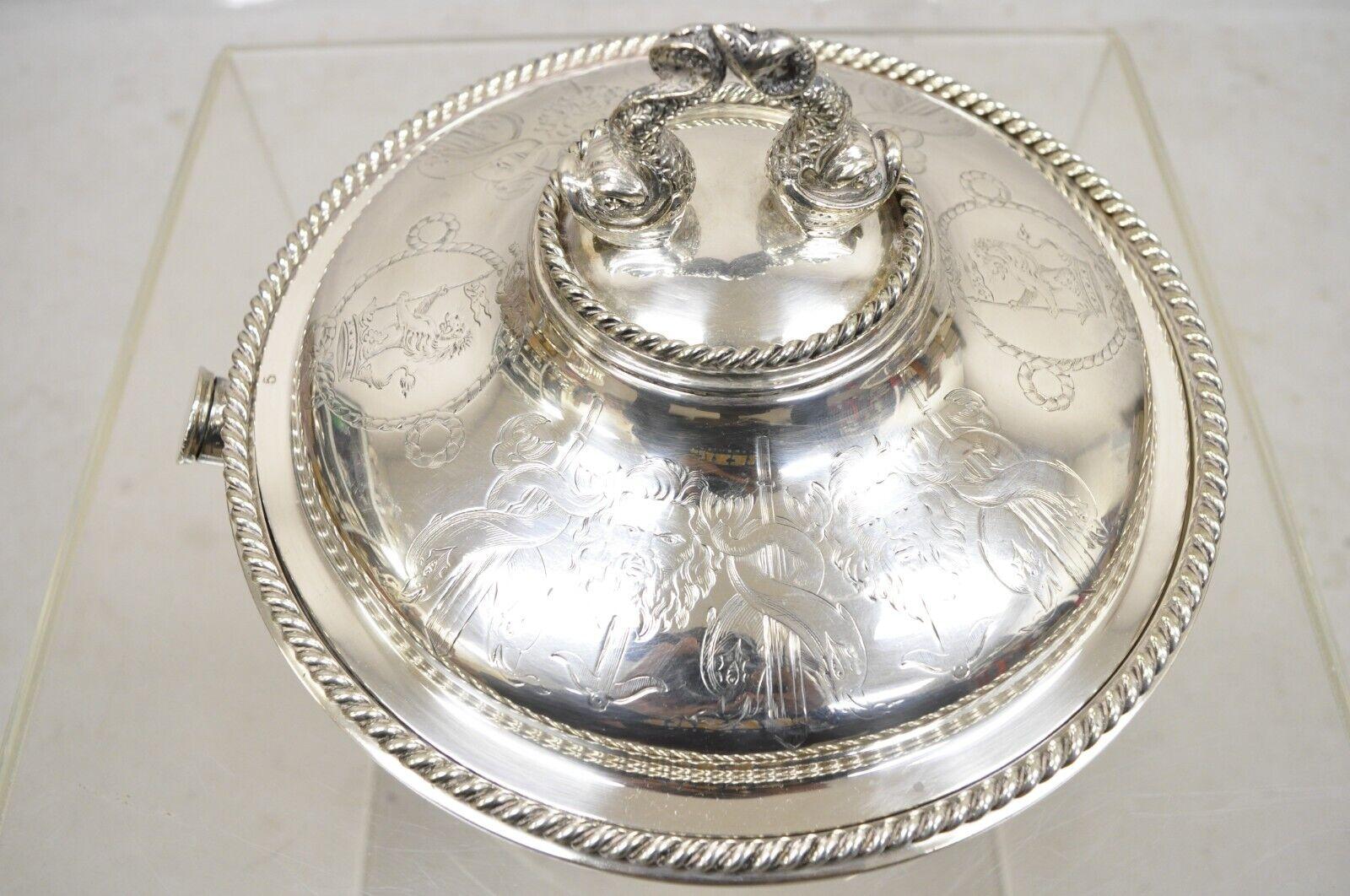 Antique English Victorian Figural Dolphin Lion Crest Warming Lidded Serving Dish In Good Condition For Sale In Philadelphia, PA