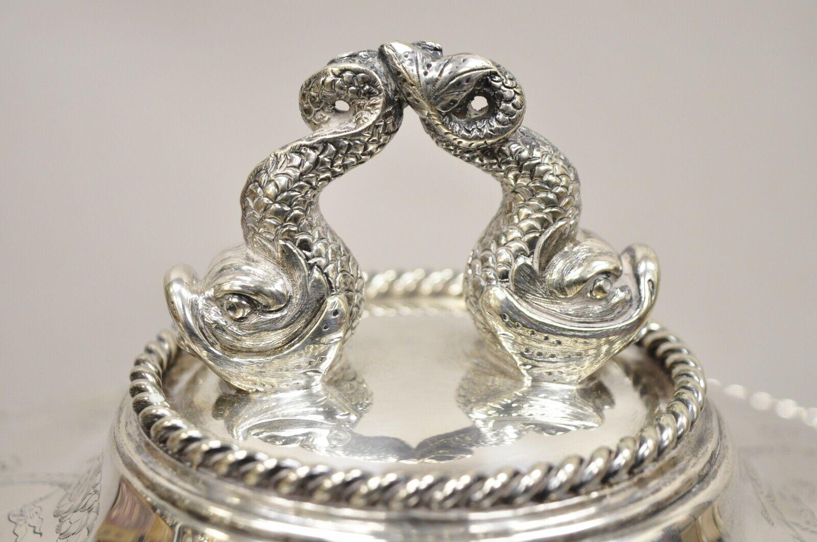19th Century Antique English Victorian Figural Dolphin Lion Crest Warming Lidded Serving Dish