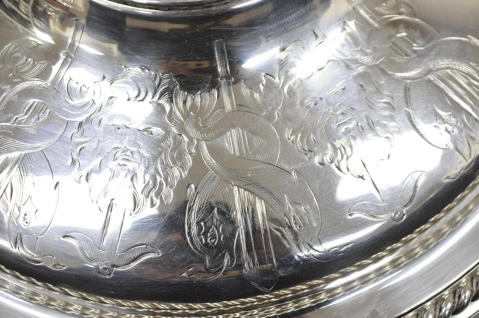 Silver Plate Antique English Victorian Figural Dolphin Lion Crest Warming Lidded Serving Dish For Sale