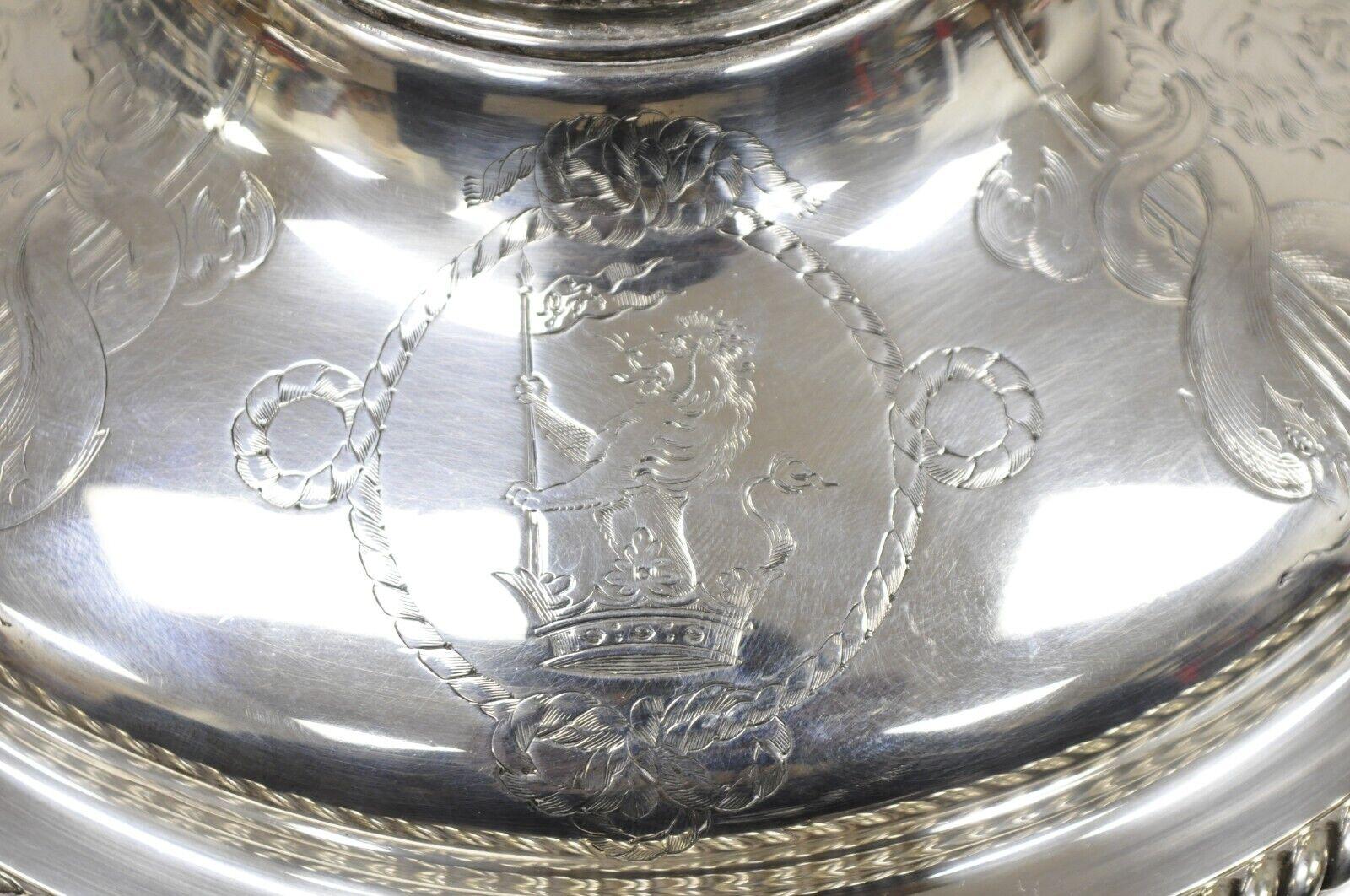 Antique English Victorian Figural Dolphin Lion Crest Warming Lidded Serving Dish 1