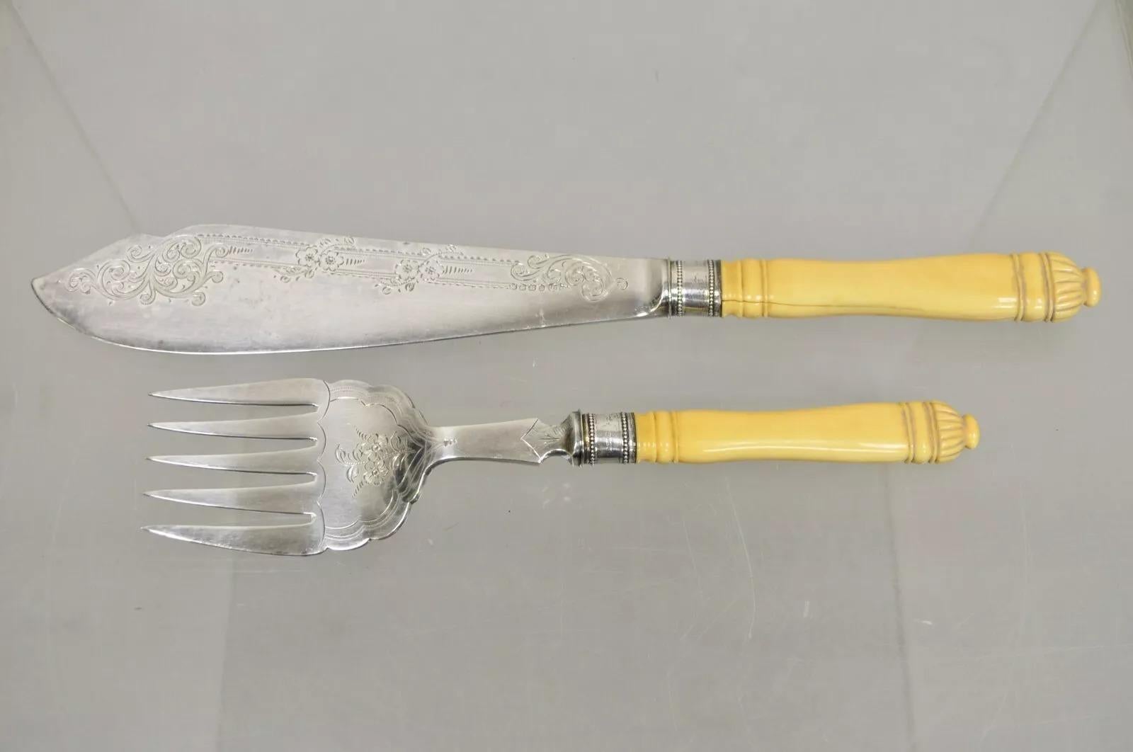 Antique English Victorian Floral Engraved Fish Knife & Fork Set Celluloid Handle. Circa Early 20th Century. Dimensions : 0,5