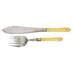 Antique English Victorian Floral Engraved Fish Knife & Fork Set Celluloid Handle