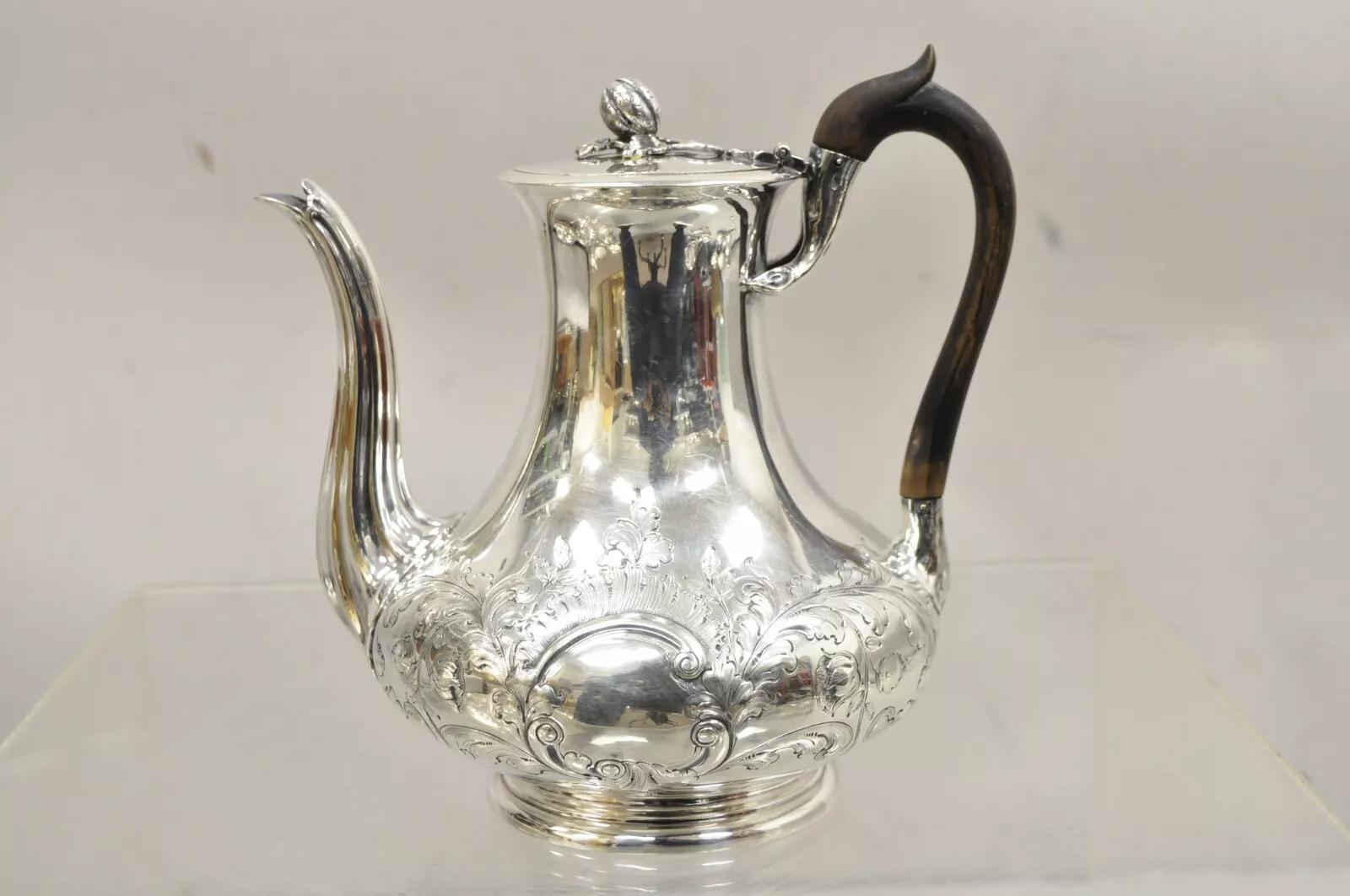 Unknown Antique English Victorian Floral Repousse Sheffield Tea Pot with Wooden Handle