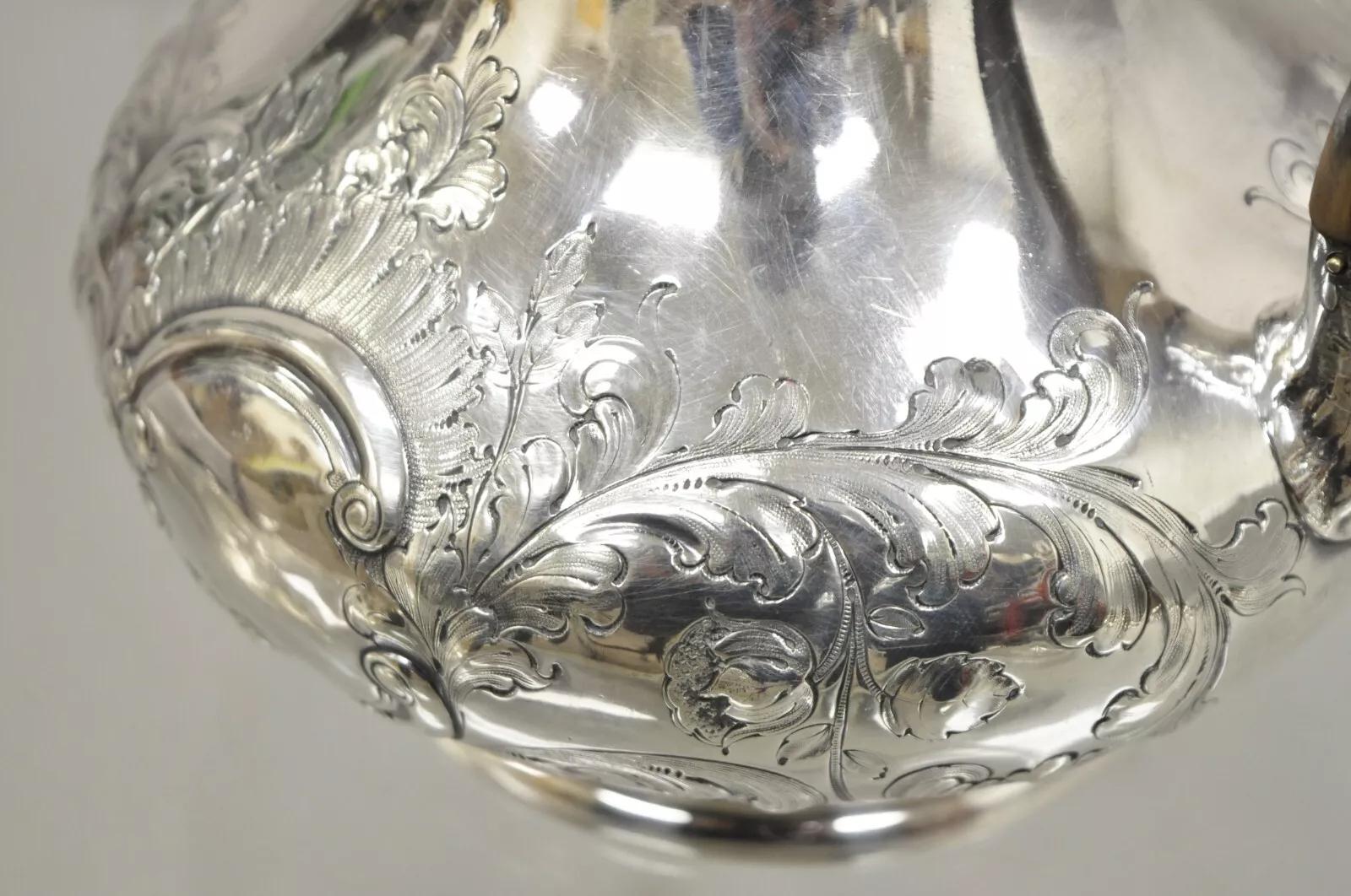 Antique English Victorian Floral Repousse Sheffield Tea Pot with Wooden Handle In Good Condition In Philadelphia, PA