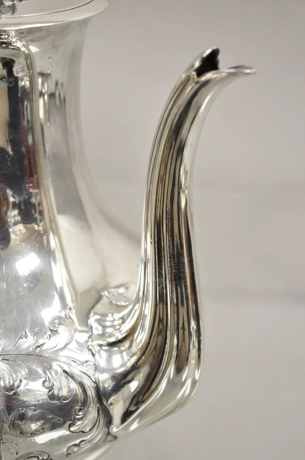Silver Plate Antique English Victorian Floral Repousse Sheffield Tea Pot with Wooden Handle