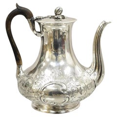 Antique English Victorian Floral Repousse Sheffield Tea Pot with Wooden Handle
