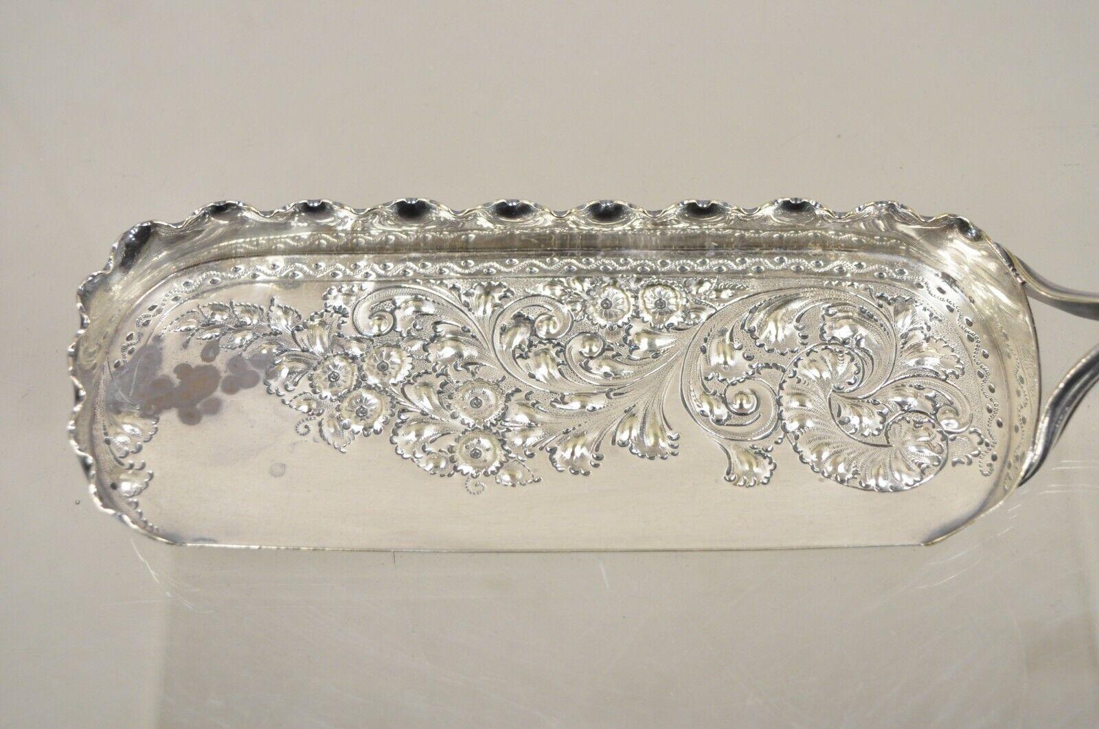 Early 20th Century Antique English Victorian Floral Repousse Silver Plated Crumb Scoop Tray For Sale