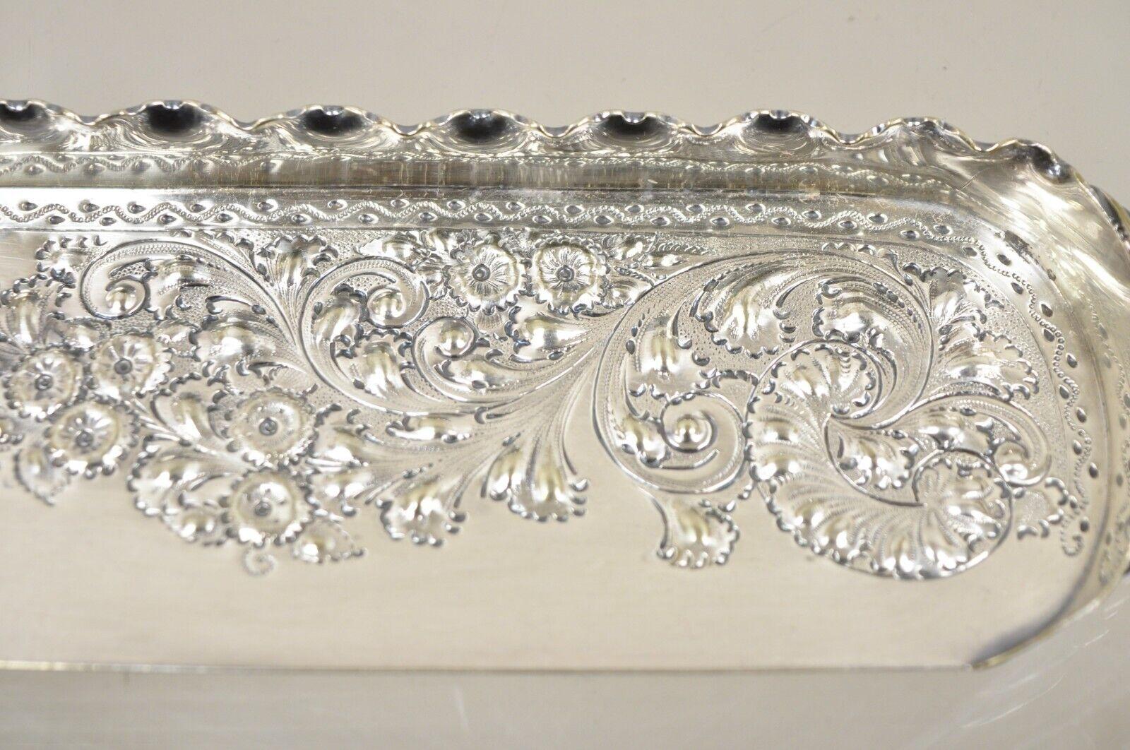 Antique English Victorian Floral Repousse Silver Plated Crumb Scoop Tray For Sale 1