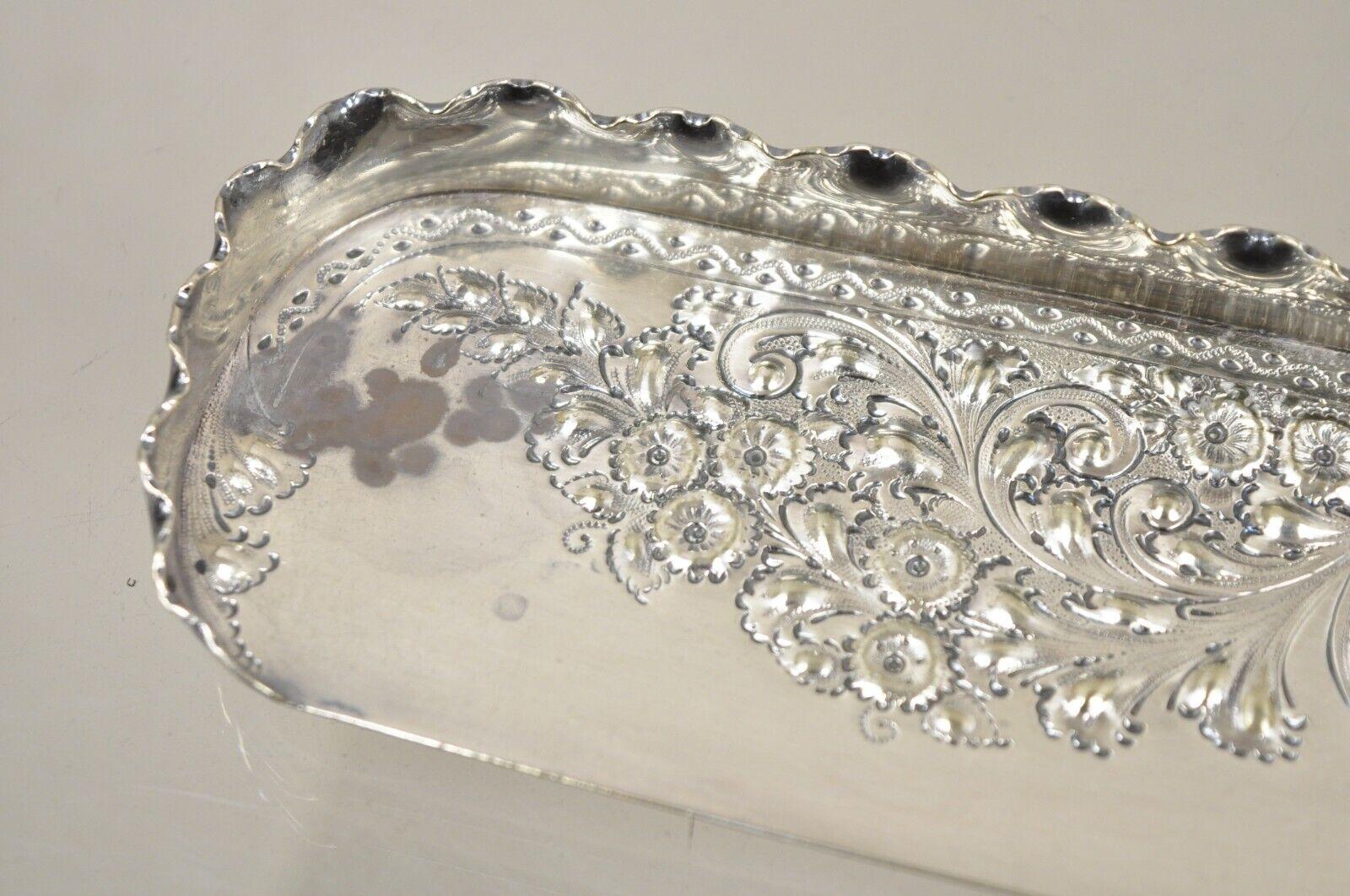 Antique English Victorian Floral Repousse Silver Plated Crumb Scoop Tray For Sale 2