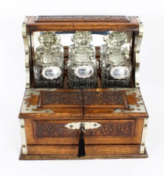 Antique English Victorian Golden Oak 3 Crystal Decanter Tantalus Dry Bar 19th C