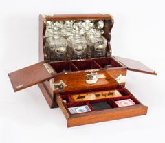 Antique English Victorian Golden Oak 3 Crystal Decanter Tantalus Dry Bar 19th C