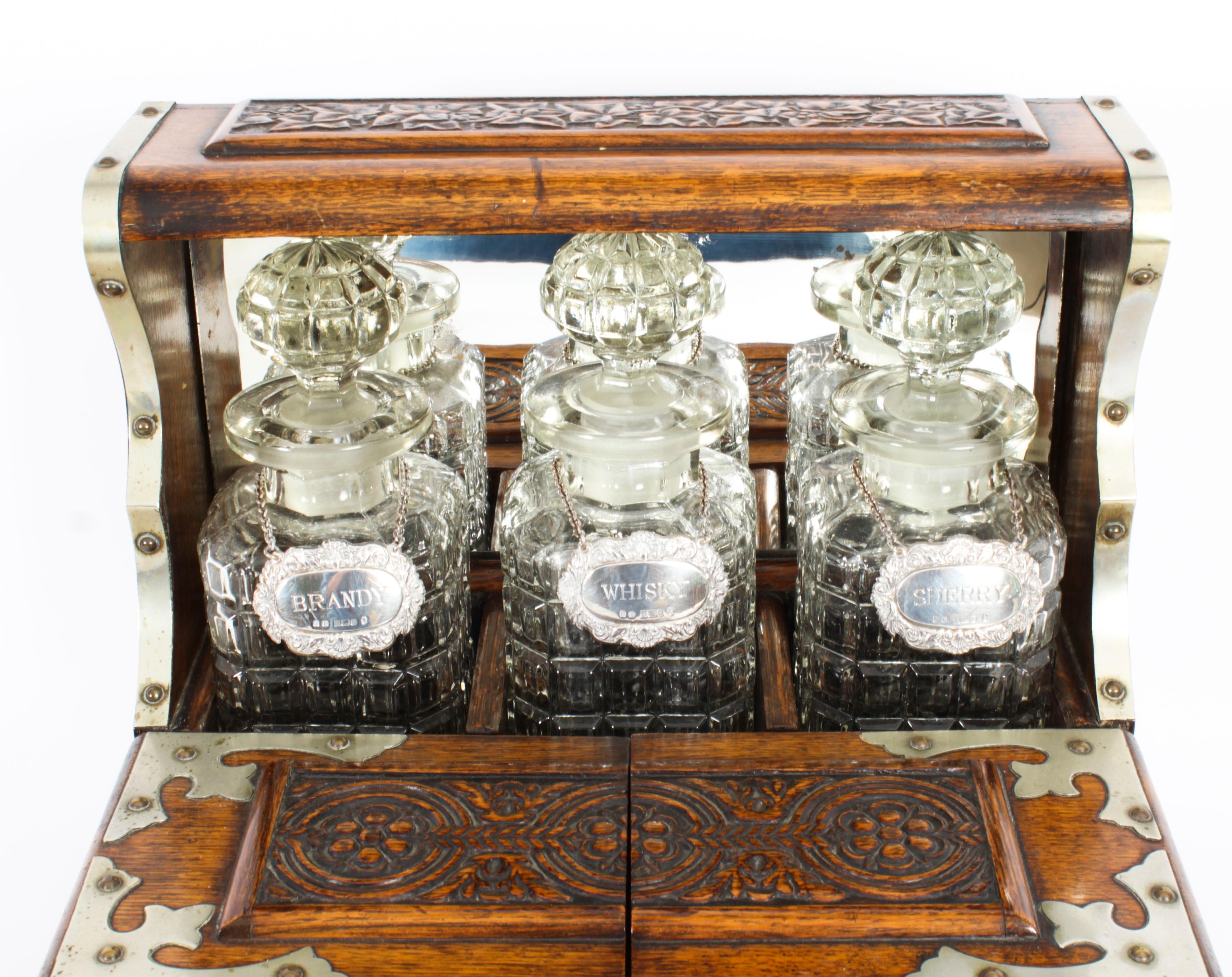 Antique English Victorian Golden Oak 3 Crystal Decanter Tantalus Dry Bar 19th C 2