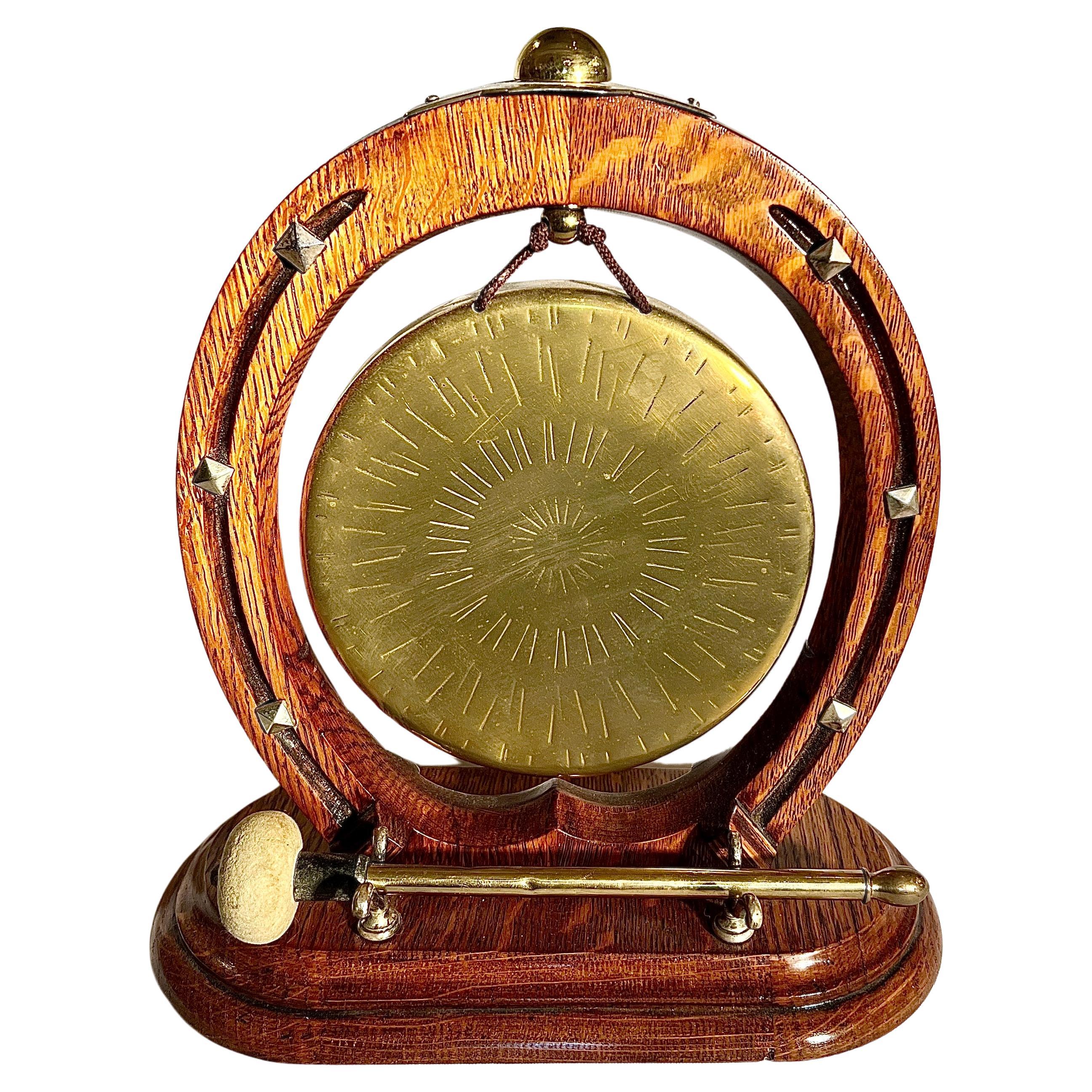 Antique English Victorian Golden Oak and Brass Gong, Circa 1880-1890. For Sale