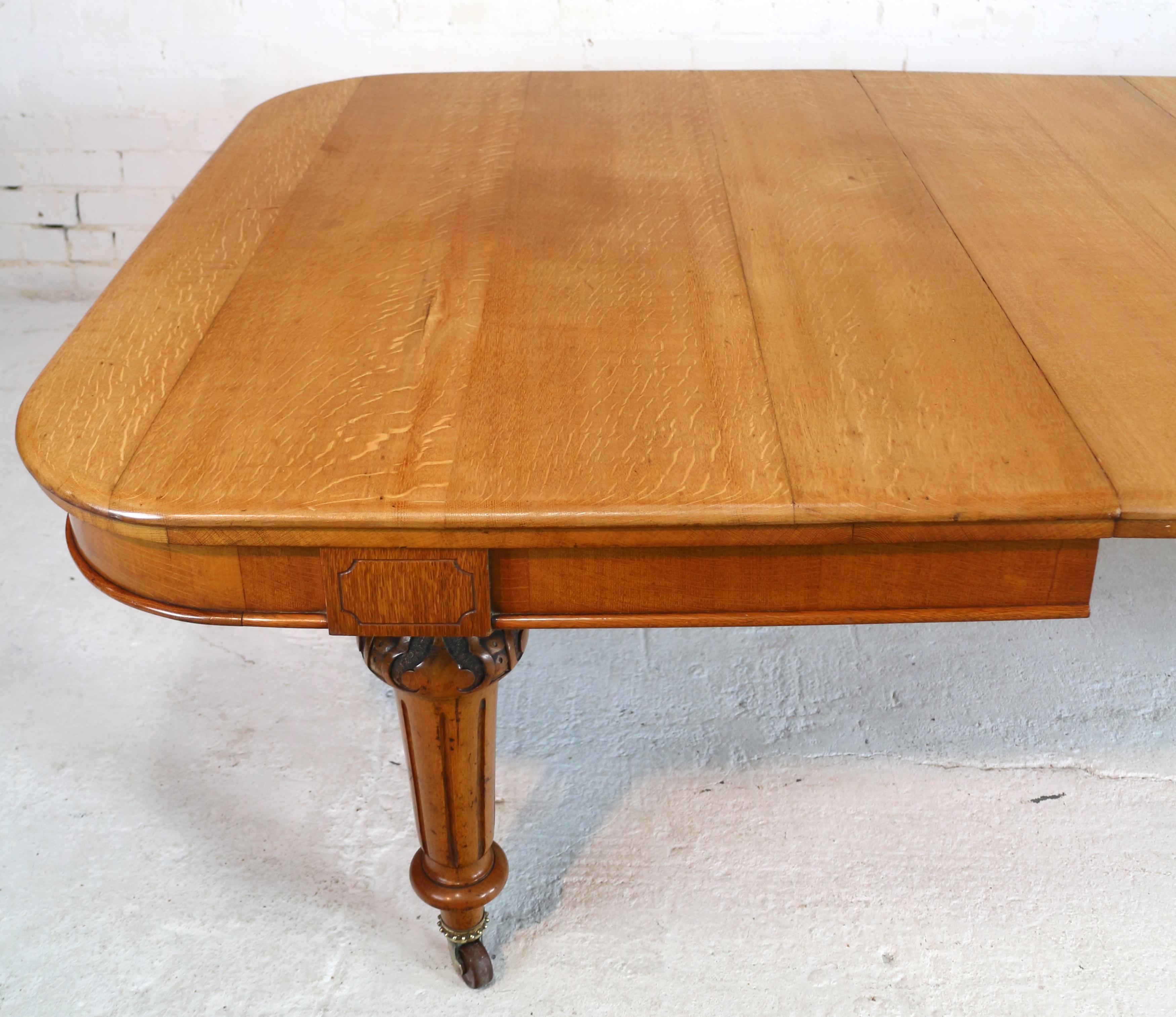 Brass Antique English Victorian Golden Oak Extending Dining Table and Two Leaves