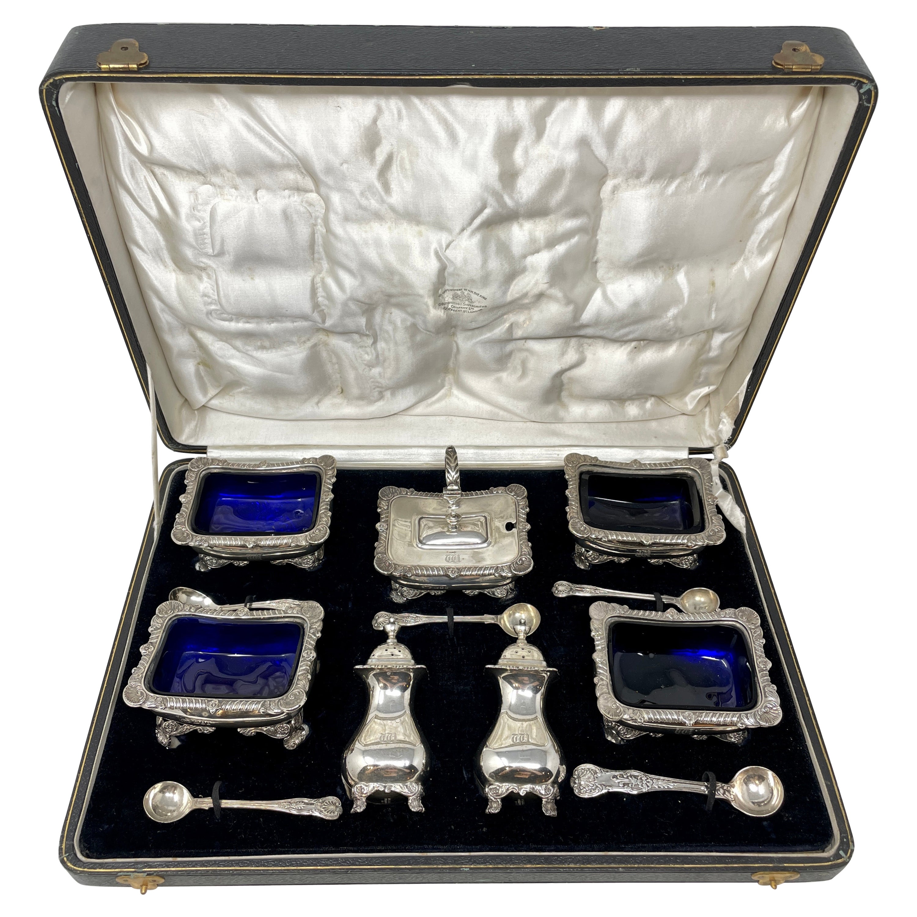 Antique English Victorian "Goldsmiths & Silversmiths" Complete Salt Set in Case