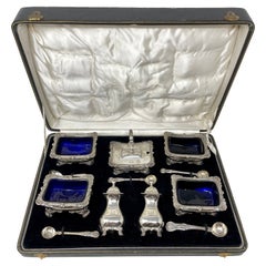 Antique English Victorian "Goldsmiths & Silversmiths" Complete Salt Set in Case