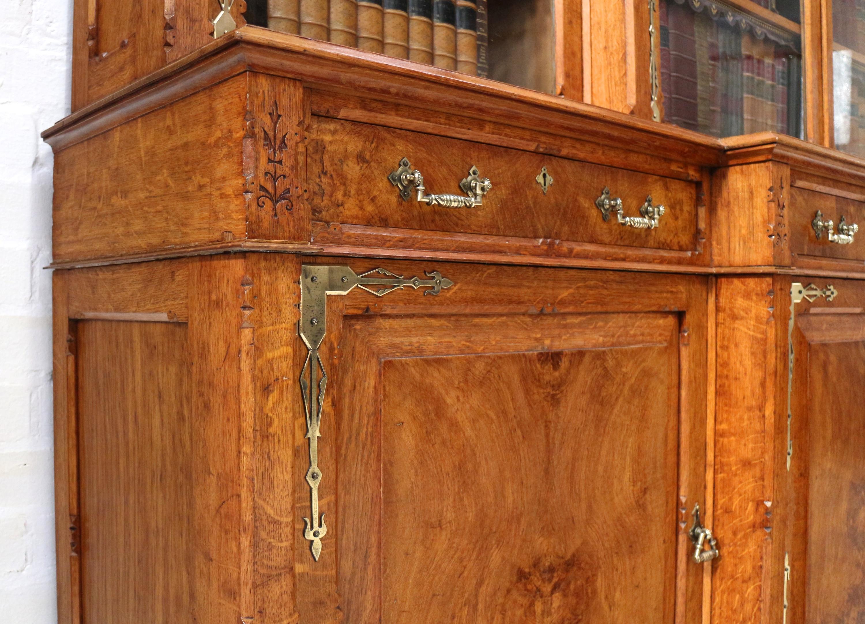Antique English Victorian Gothic Oak, Pollard Oak and Brass Breakfront Bookcase 2
