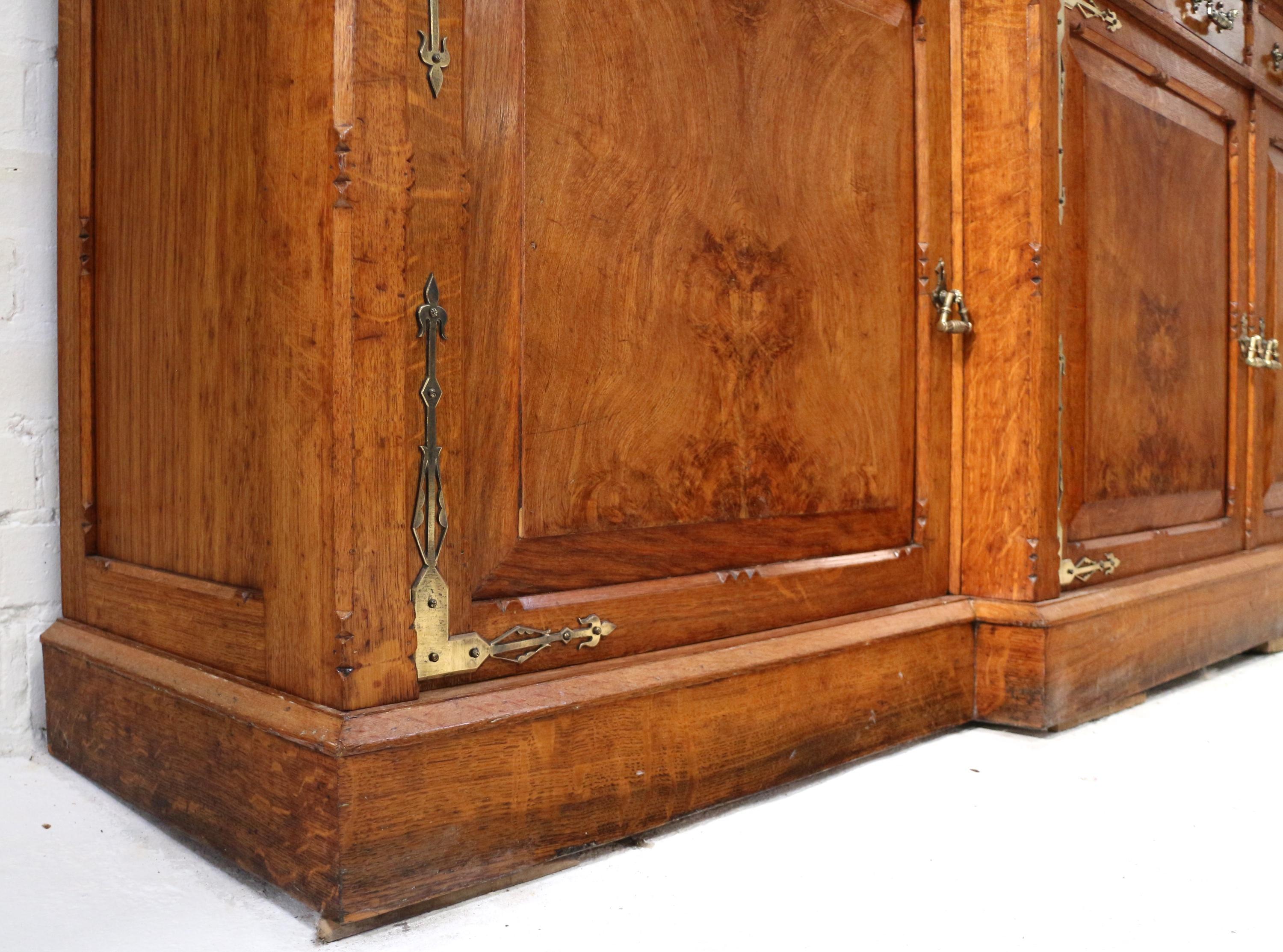 Antique English Victorian Gothic Oak, Pollard Oak and Brass Breakfront Bookcase 3