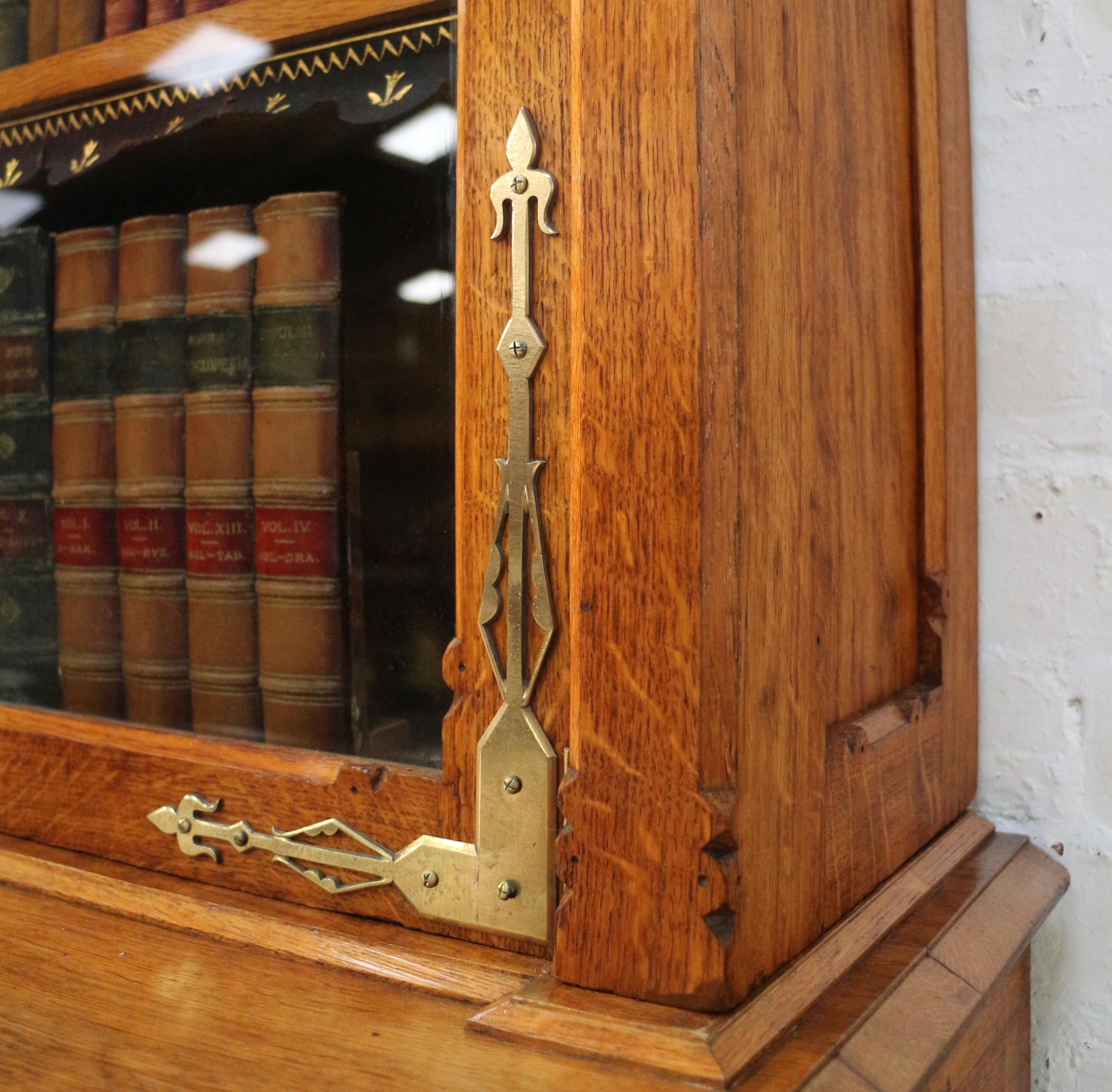 Antique English Victorian Gothic Oak, Pollard Oak and Brass Breakfront Bookcase 4