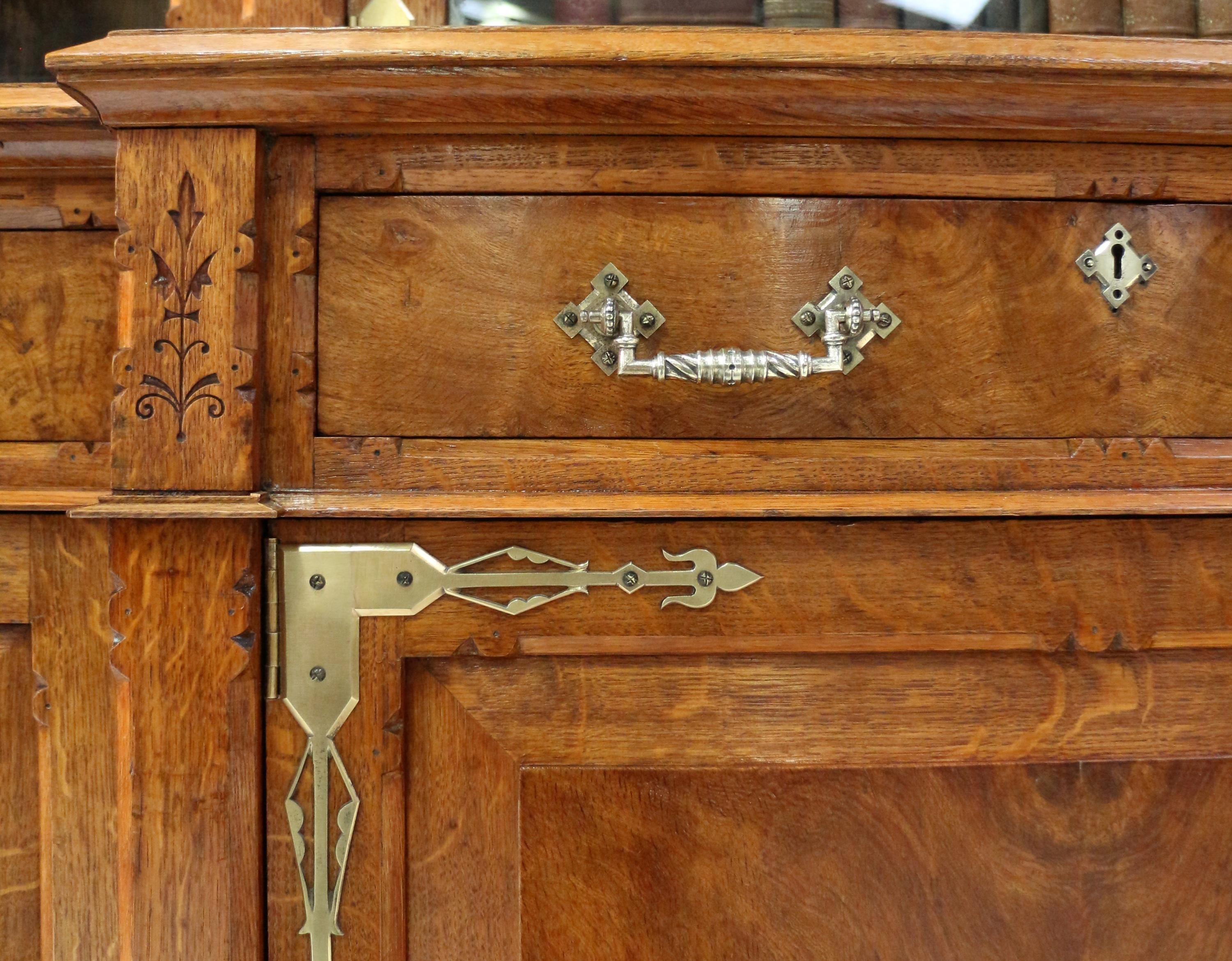 Antique English Victorian Gothic Oak, Pollard Oak and Brass Breakfront Bookcase 5