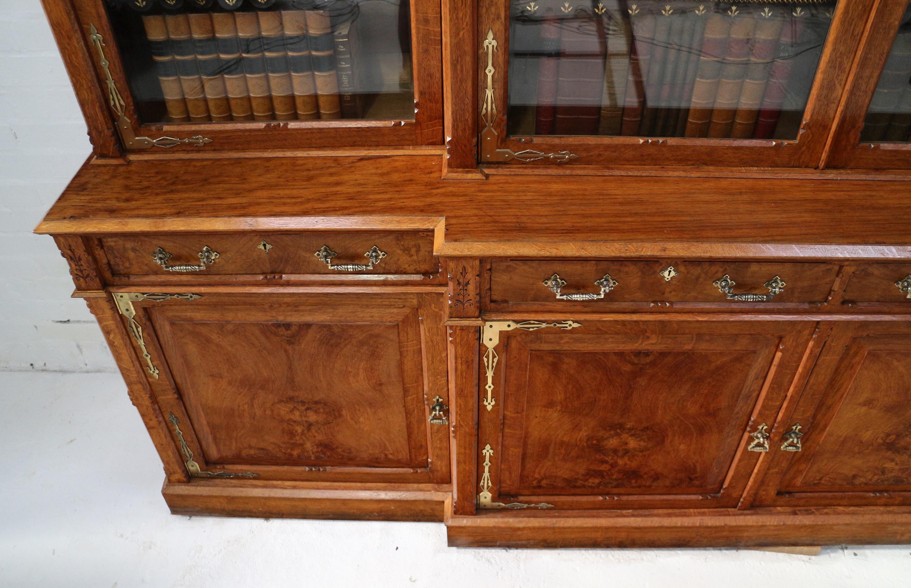 Antique English Victorian Gothic Oak, Pollard Oak and Brass Breakfront Bookcase 6
