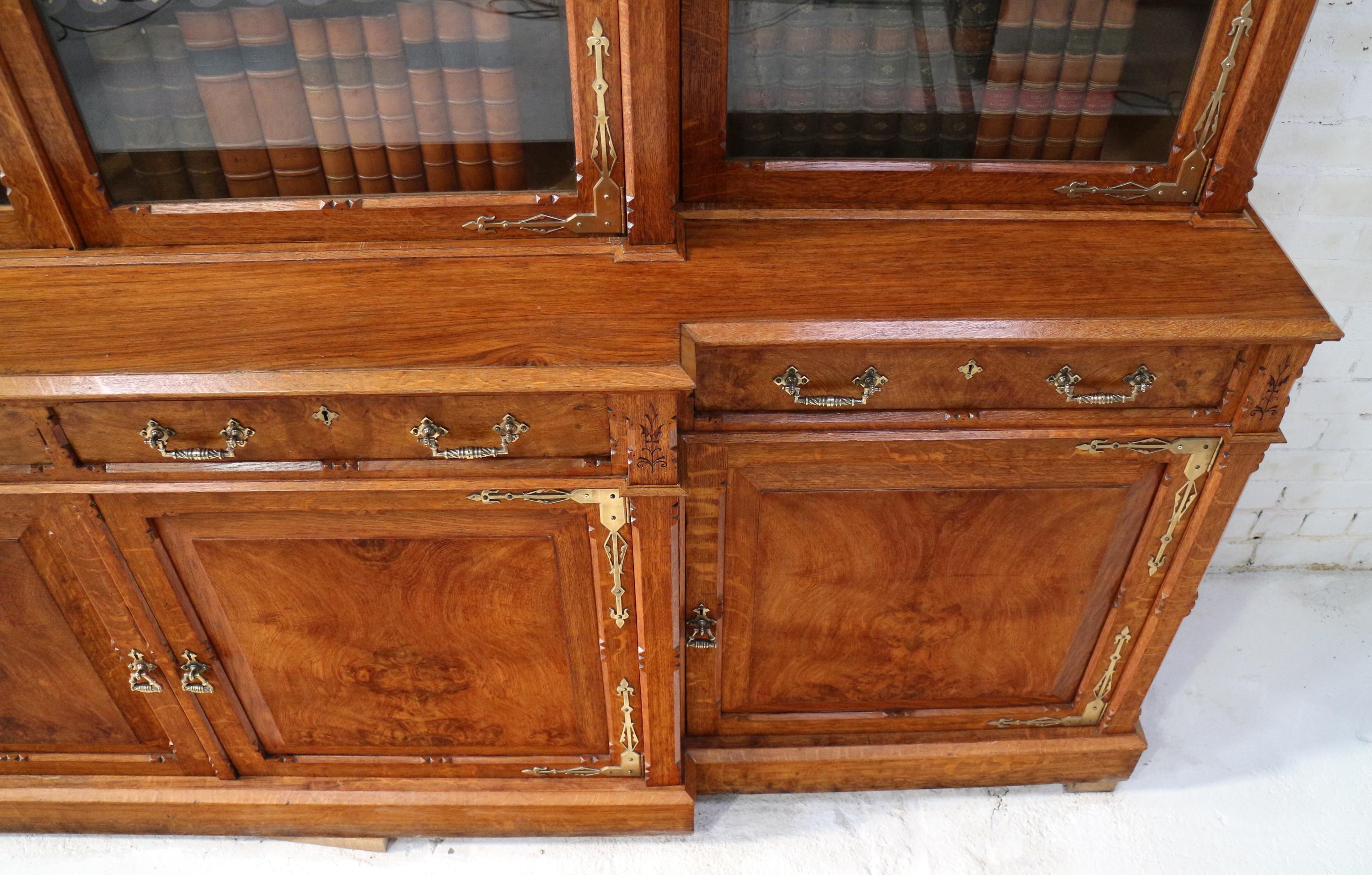 Antique English Victorian Gothic Oak, Pollard Oak and Brass Breakfront Bookcase 7