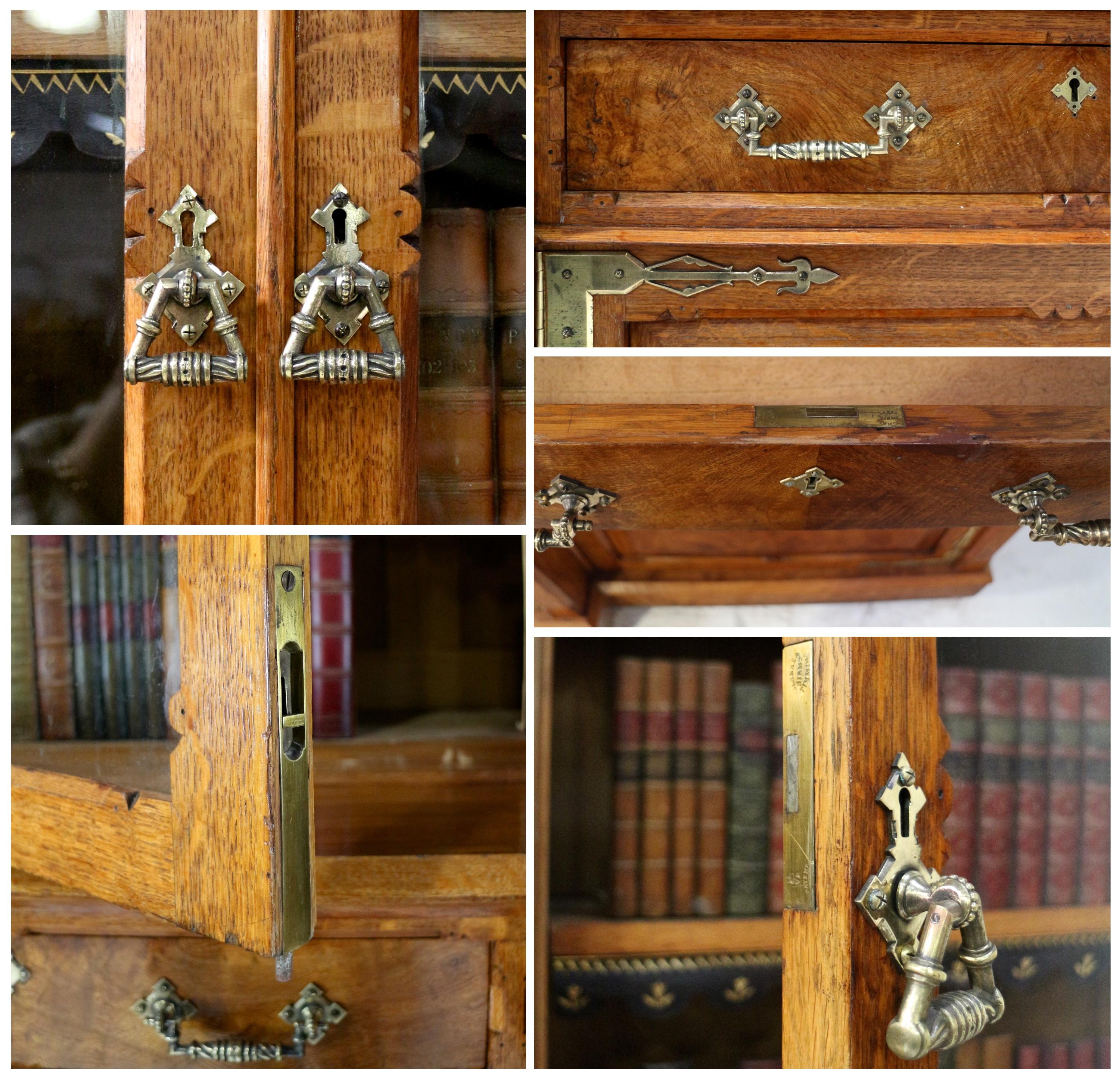 Antique English Victorian Gothic Oak, Pollard Oak and Brass Breakfront Bookcase 8