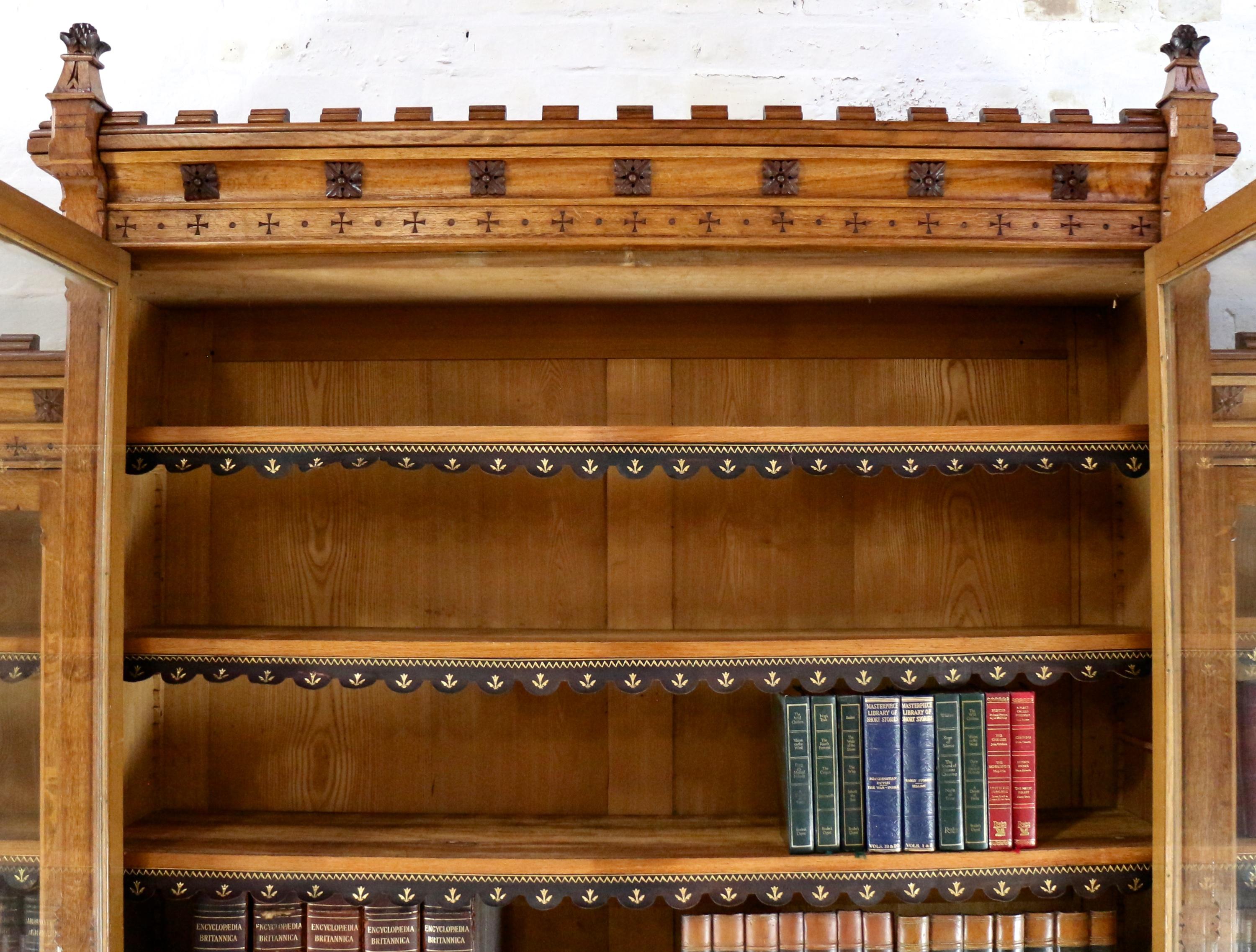 Antique English Victorian Gothic Oak, Pollard Oak and Brass Breakfront Bookcase 10