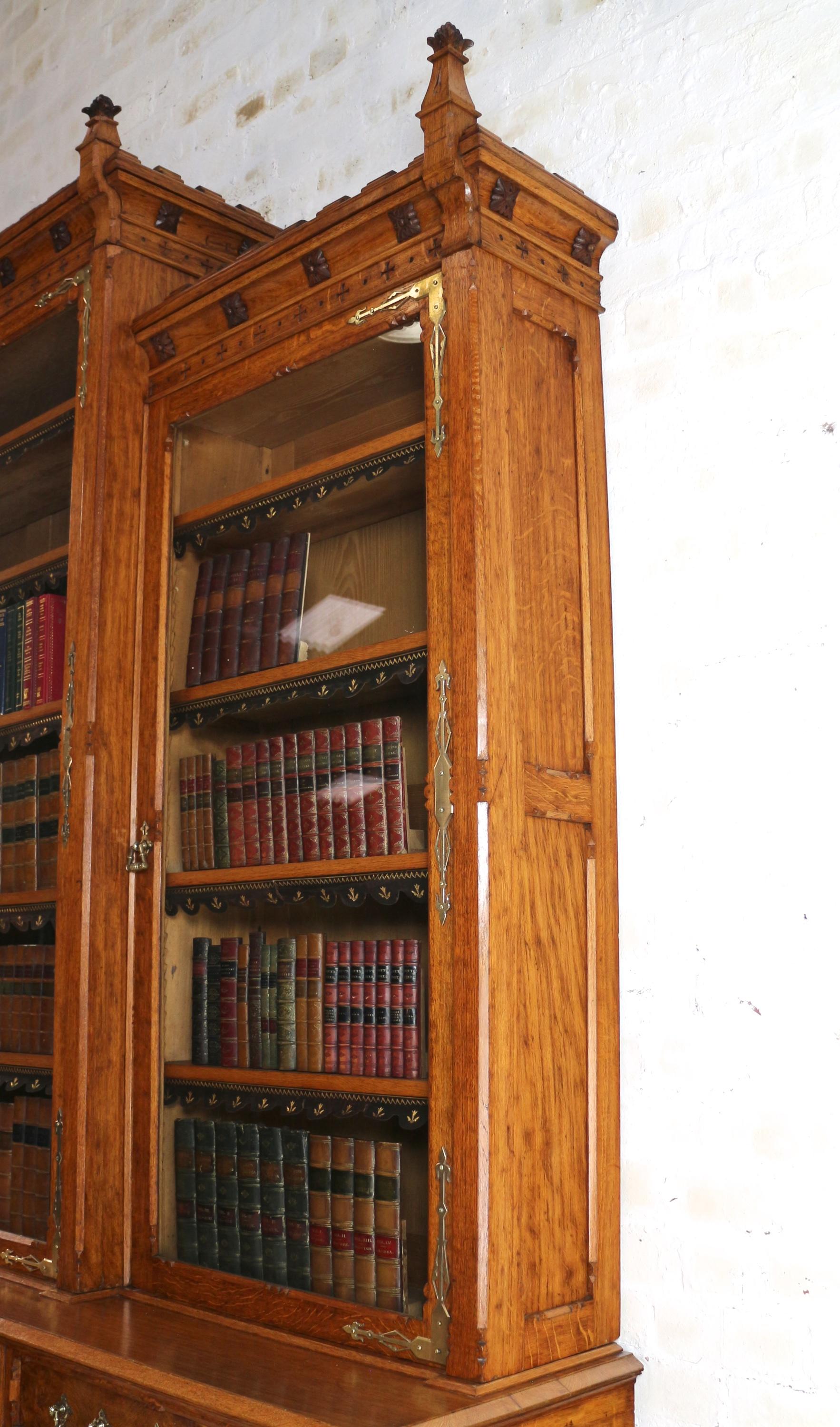 Antique English Victorian Gothic Oak, Pollard Oak and Brass Breakfront Bookcase 11