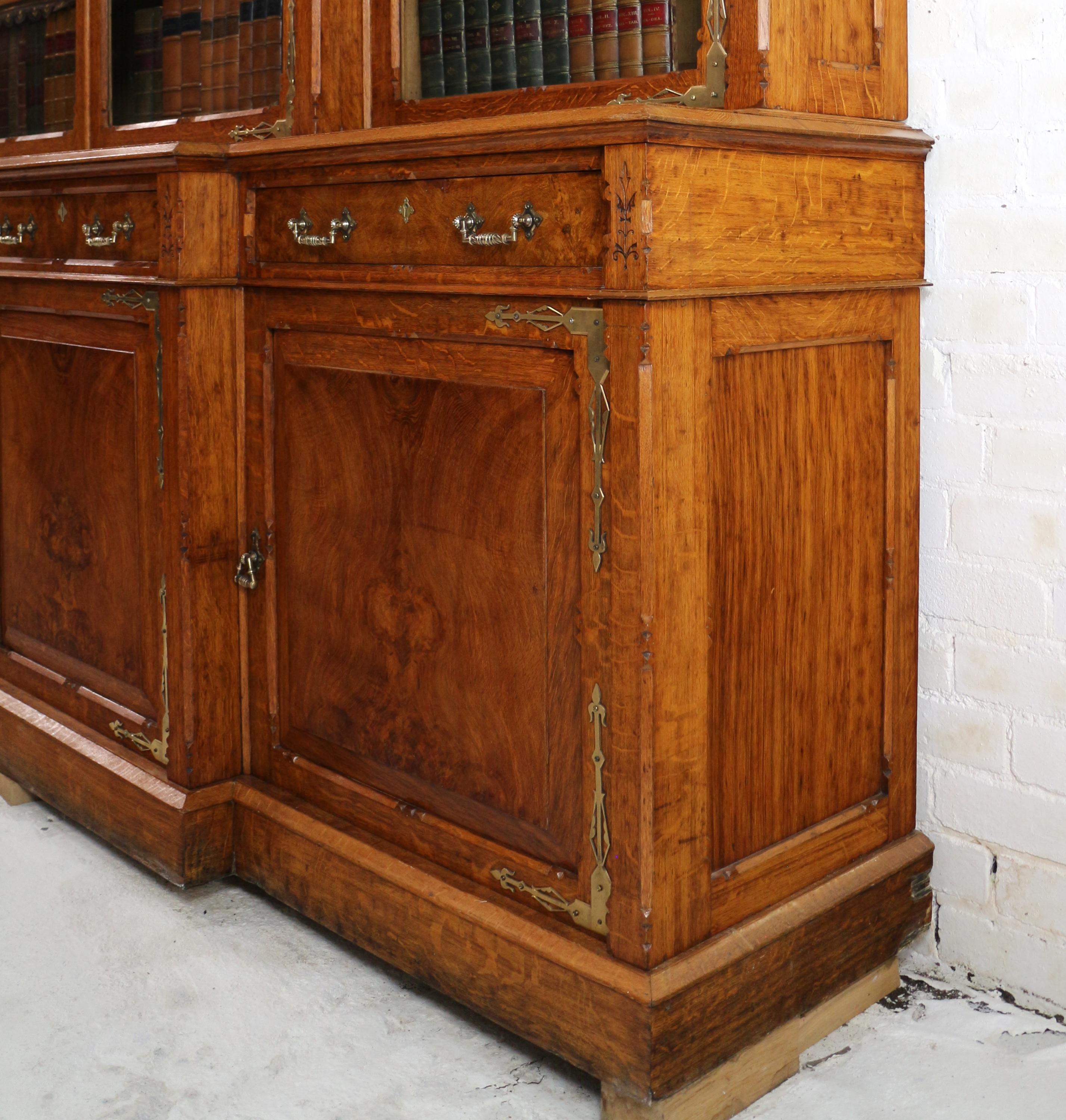 Antique English Victorian Gothic Oak, Pollard Oak and Brass Breakfront Bookcase 12