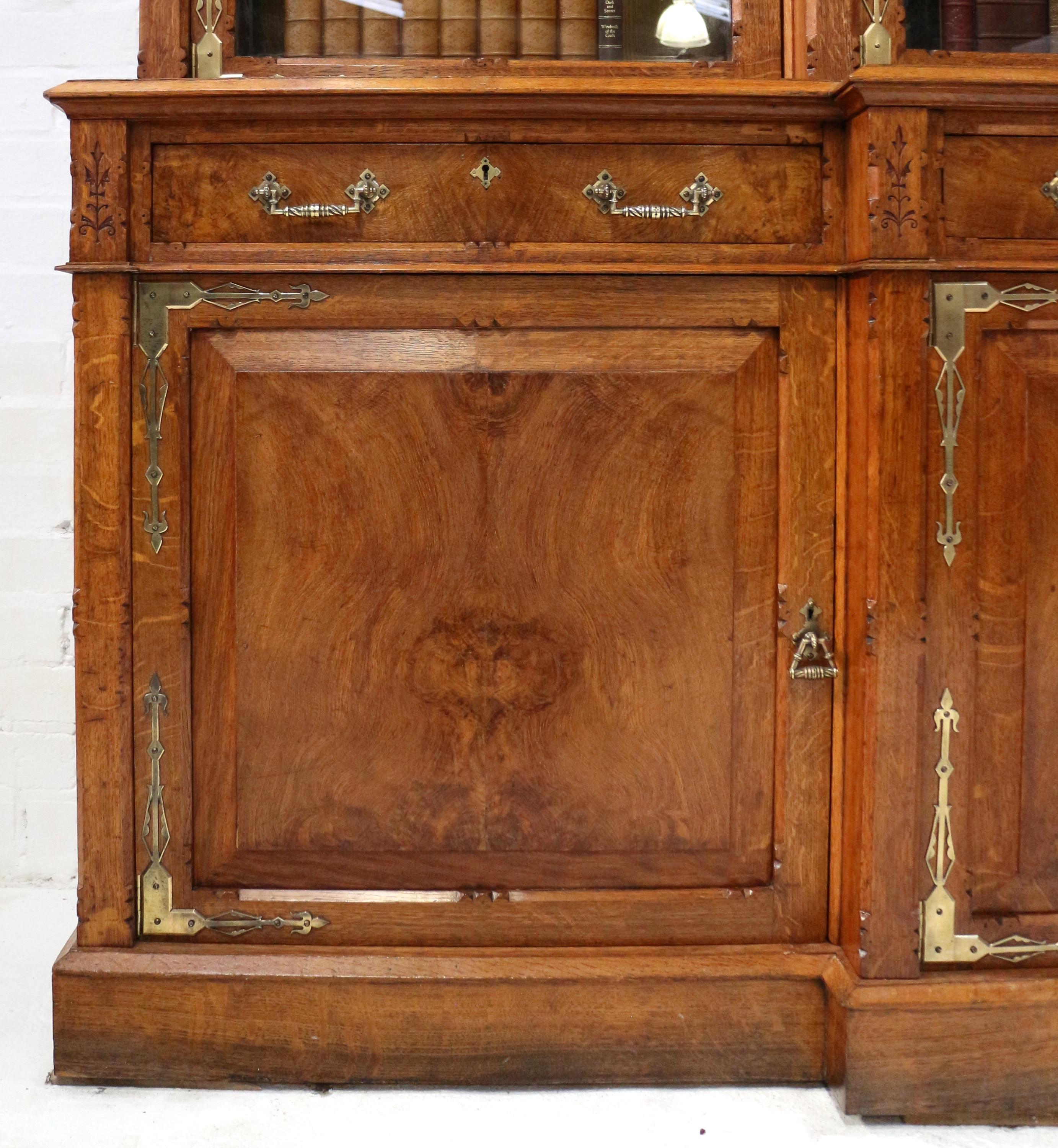 19th Century Antique English Victorian Gothic Oak, Pollard Oak and Brass Breakfront Bookcase