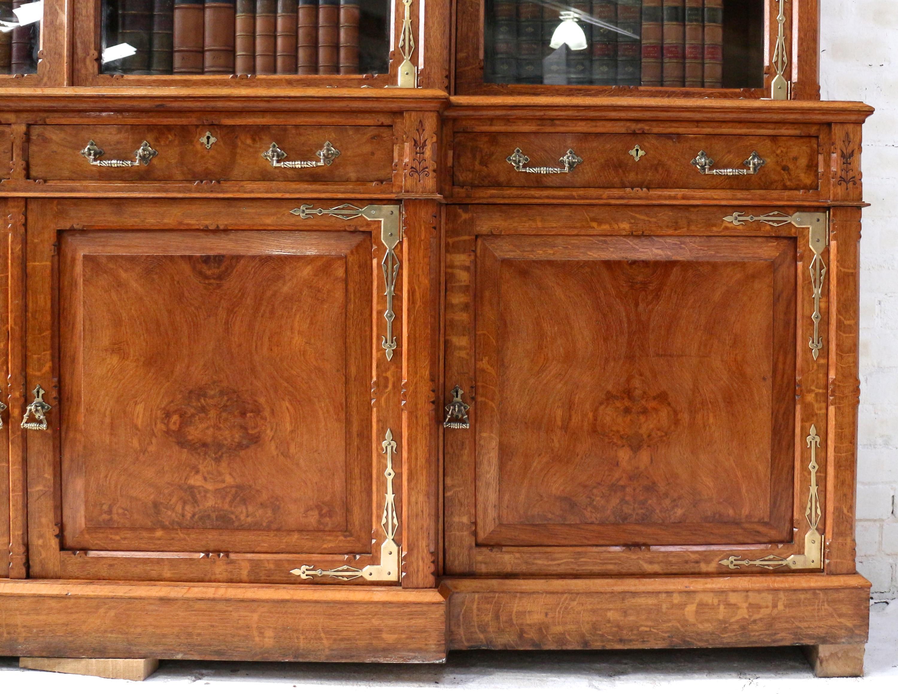 Antique English Victorian Gothic Oak, Pollard Oak and Brass Breakfront Bookcase 1