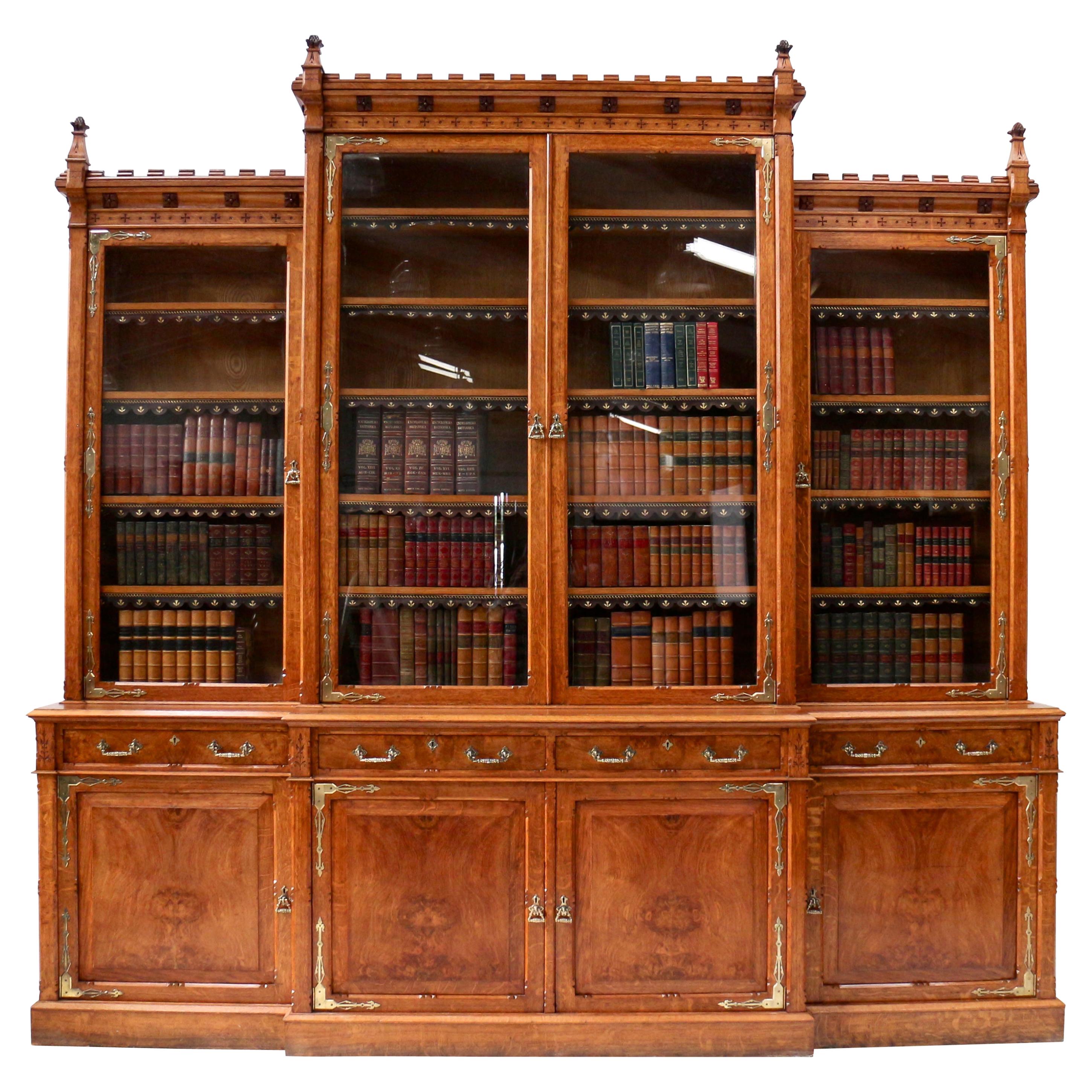 Antique English Victorian Gothic Oak, Pollard Oak and Brass Breakfront Bookcase