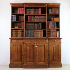 Antique English Victorian Gothic Revival Arts & Crafts Oak Breakfront Bookcase