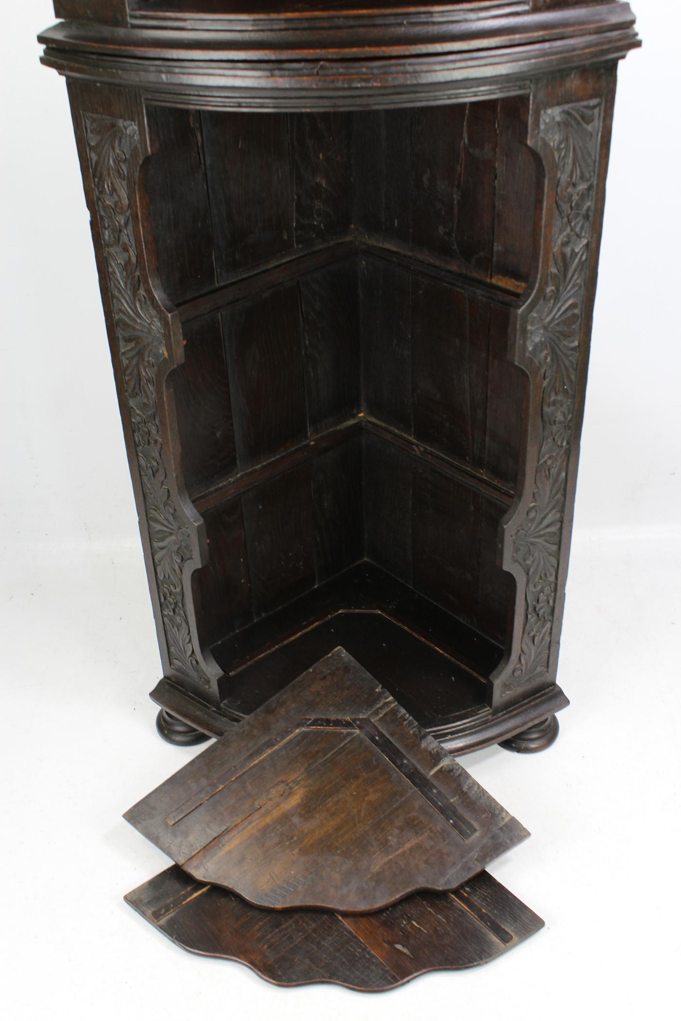 Antique English Victorian Gothic Revival Oak Corner Cupboard Bookcase Shelf Unit 4