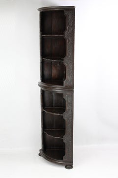 Antique English Victorian Gothic Revival Oak Corner Cupboard Bookcase Shelf Unit