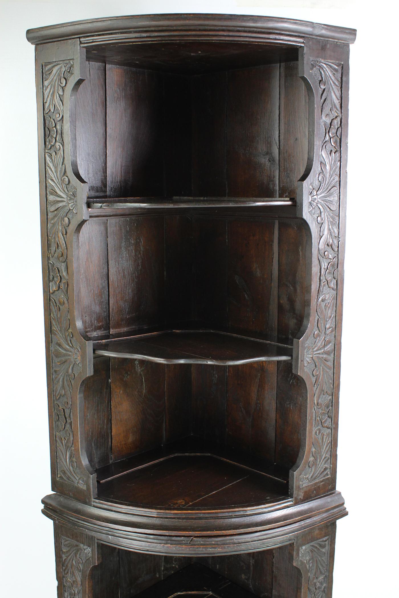Carved Antique English Victorian Gothic Revival Oak Corner Cupboard Bookcase Shelf Unit