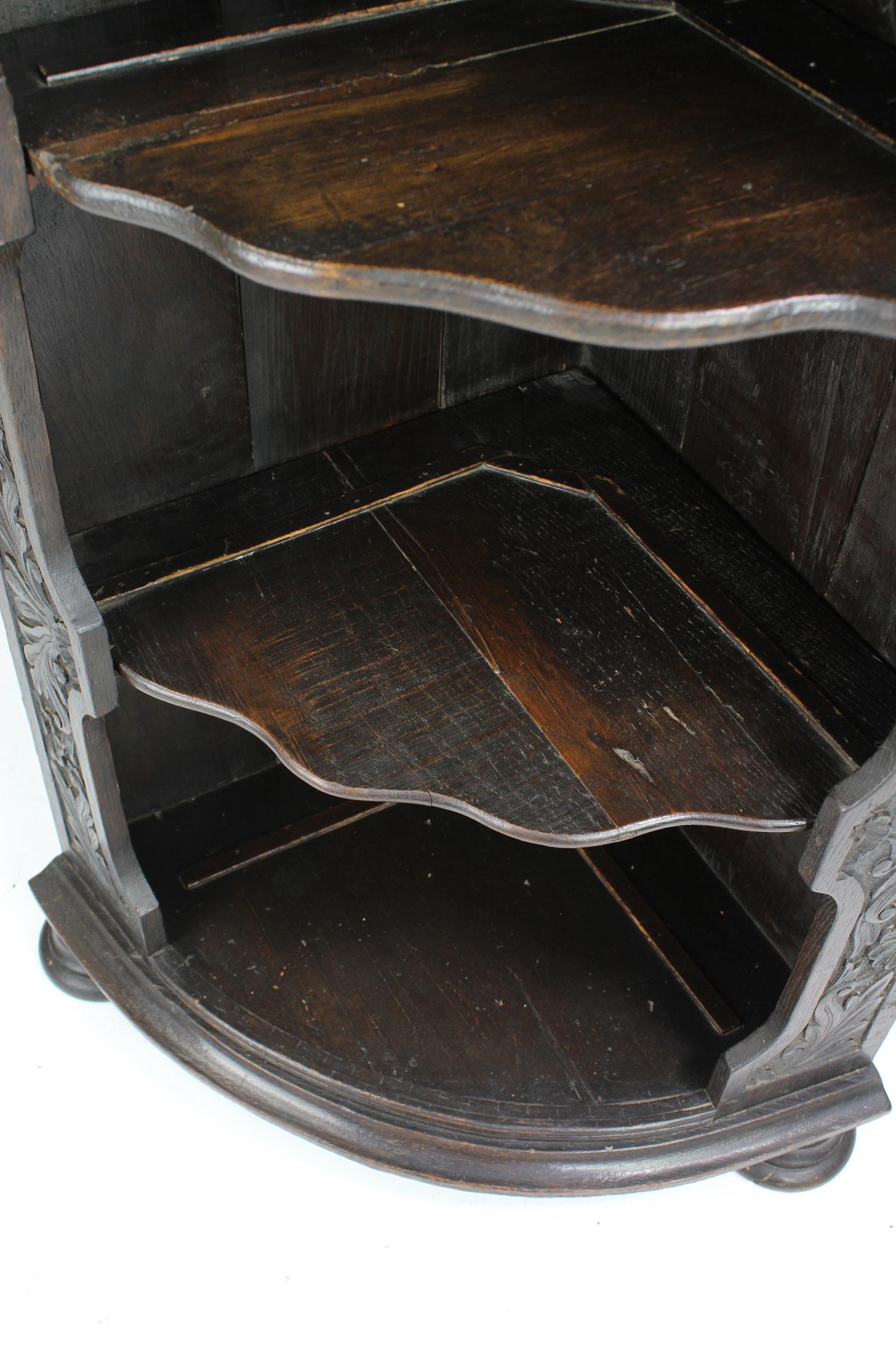 19th Century Antique English Victorian Gothic Revival Oak Corner Cupboard Bookcase Shelf Unit