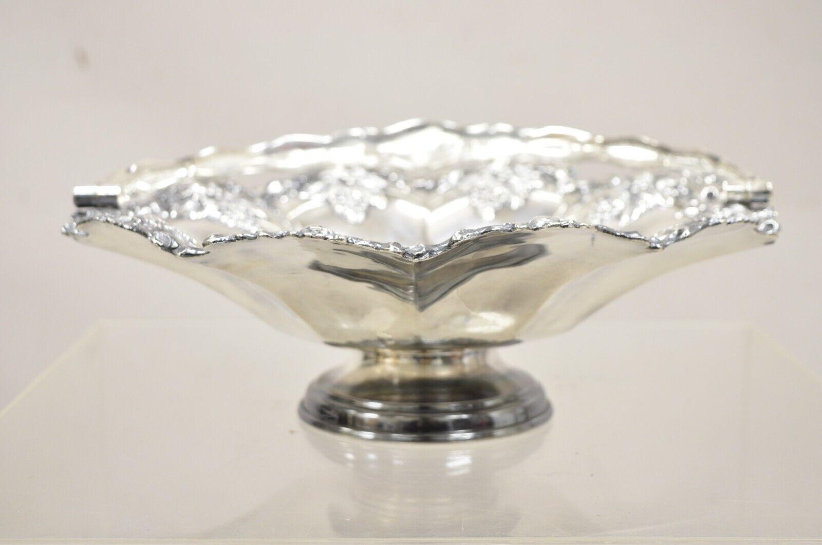 Antique English Victorian Grapevine Cluster Silver Plated Fruit Bowl Basket with Handle. Circa Early 20th Century. Measurements: 4