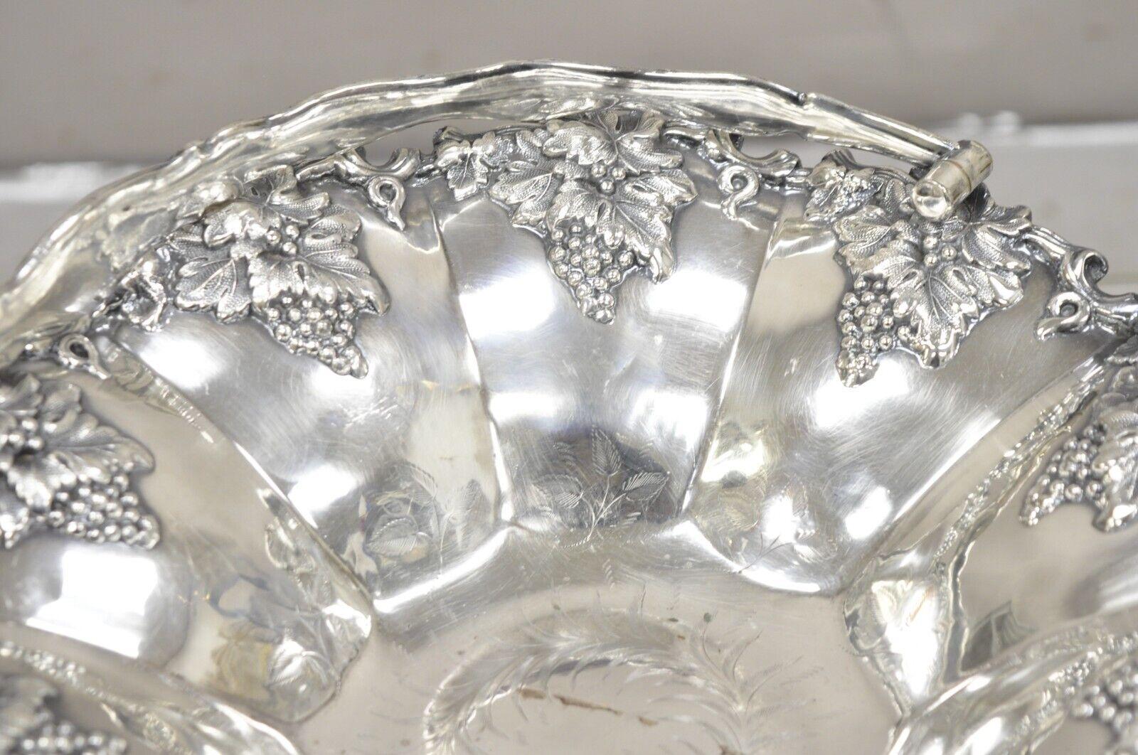 Antique English Victorian Grapevine Cluster Silver Plated Fruit Bowl Basket For Sale 1