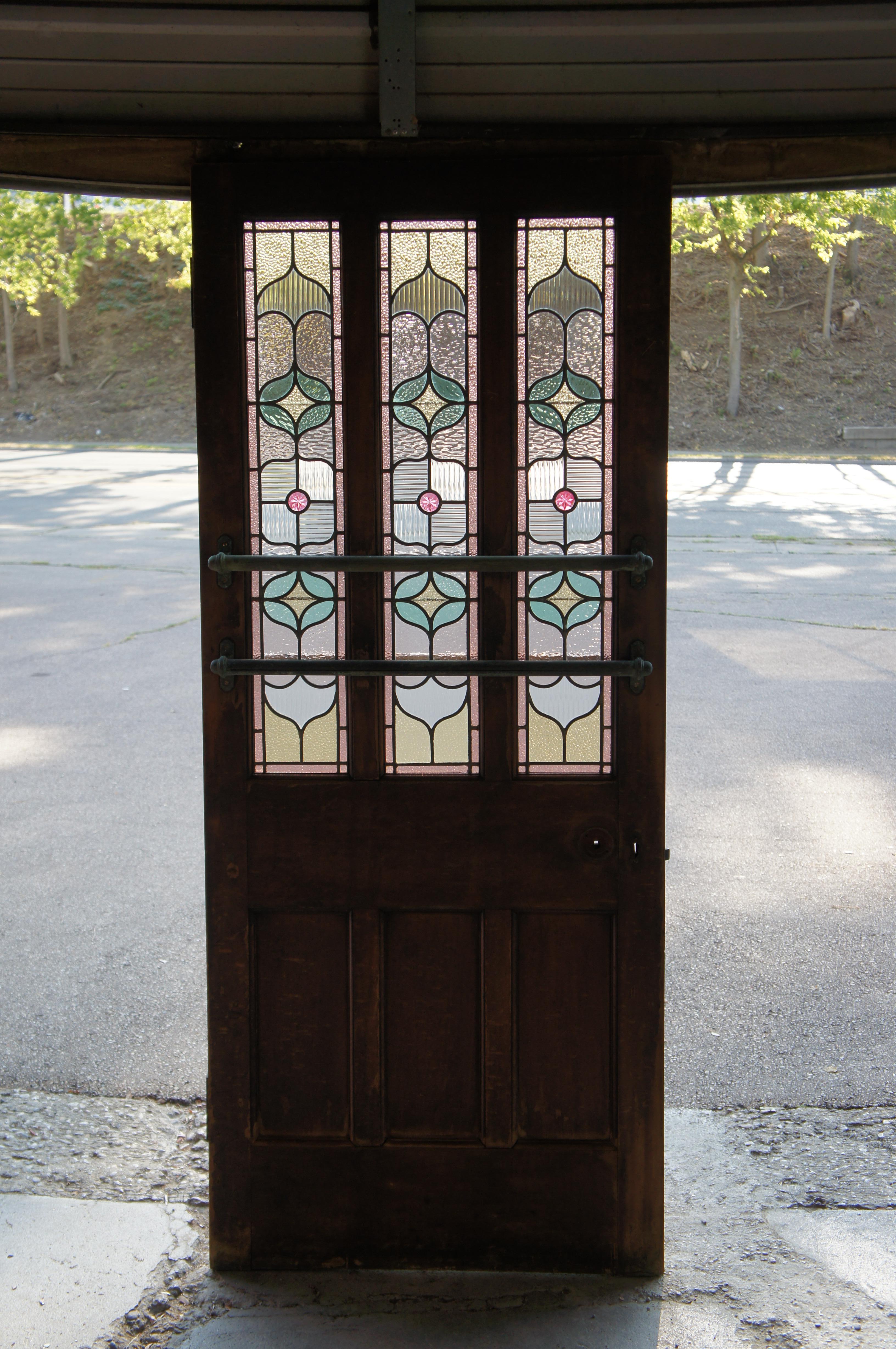 19th Century Antique English Victorian Half Glazed Stained Glass Mahogany London Pub Door 82