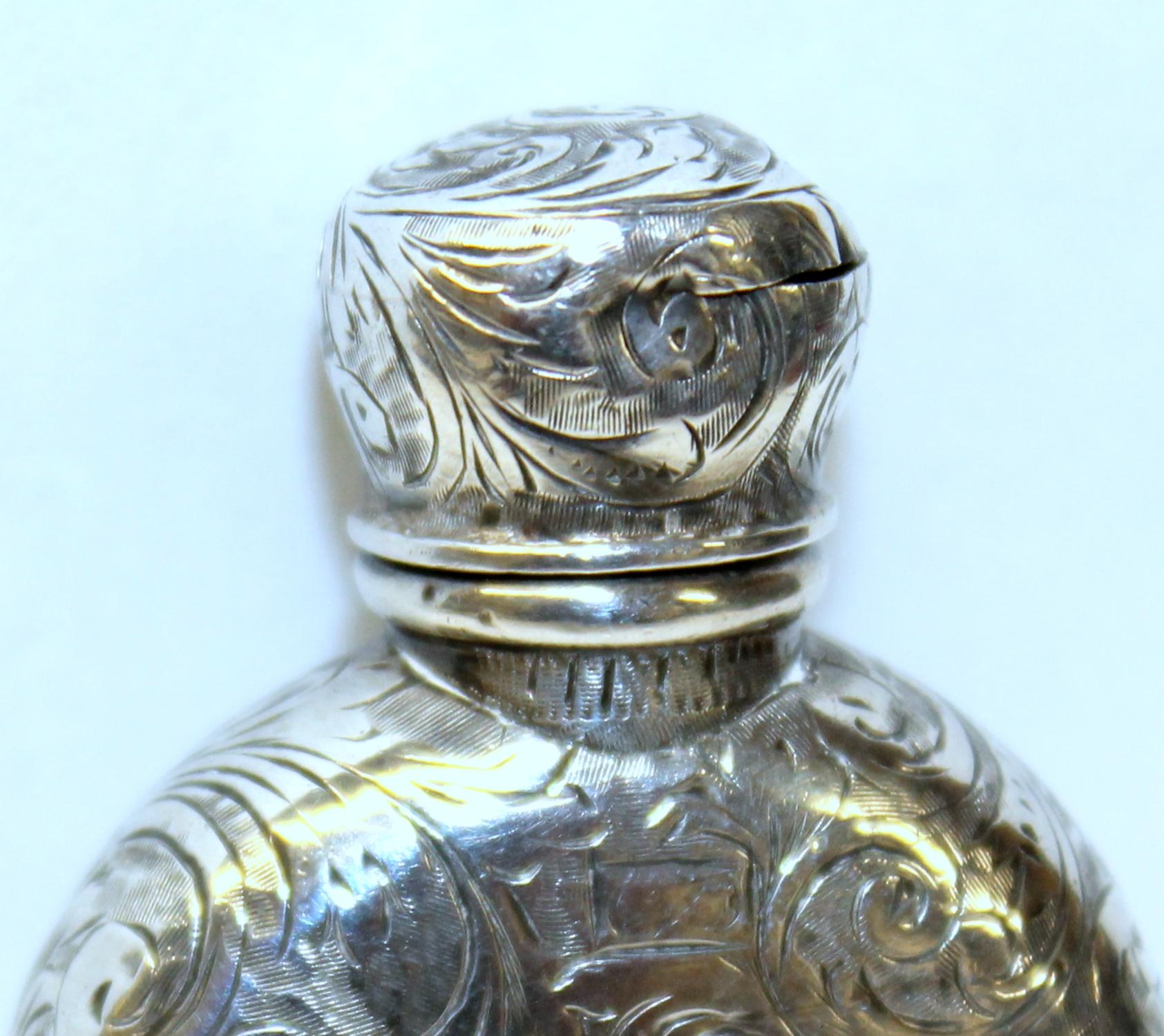Engraved Antique English Victorian Hallmarked Sterling Silver Scent/Perfume Bottle