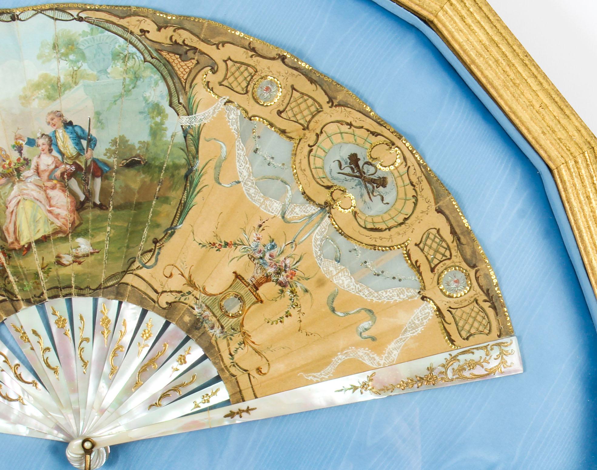 Gilt Antique English Victorian Hand Painted Mother Pearl Fan with Frame 19th Century