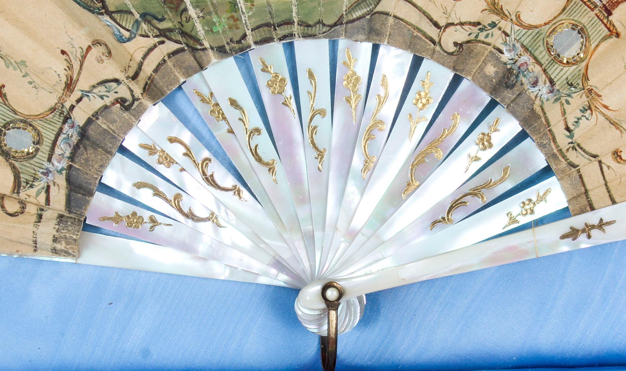 Antique English Victorian Hand Painted Mother Pearl Fan with Frame 19th Century In Good Condition In London, GB