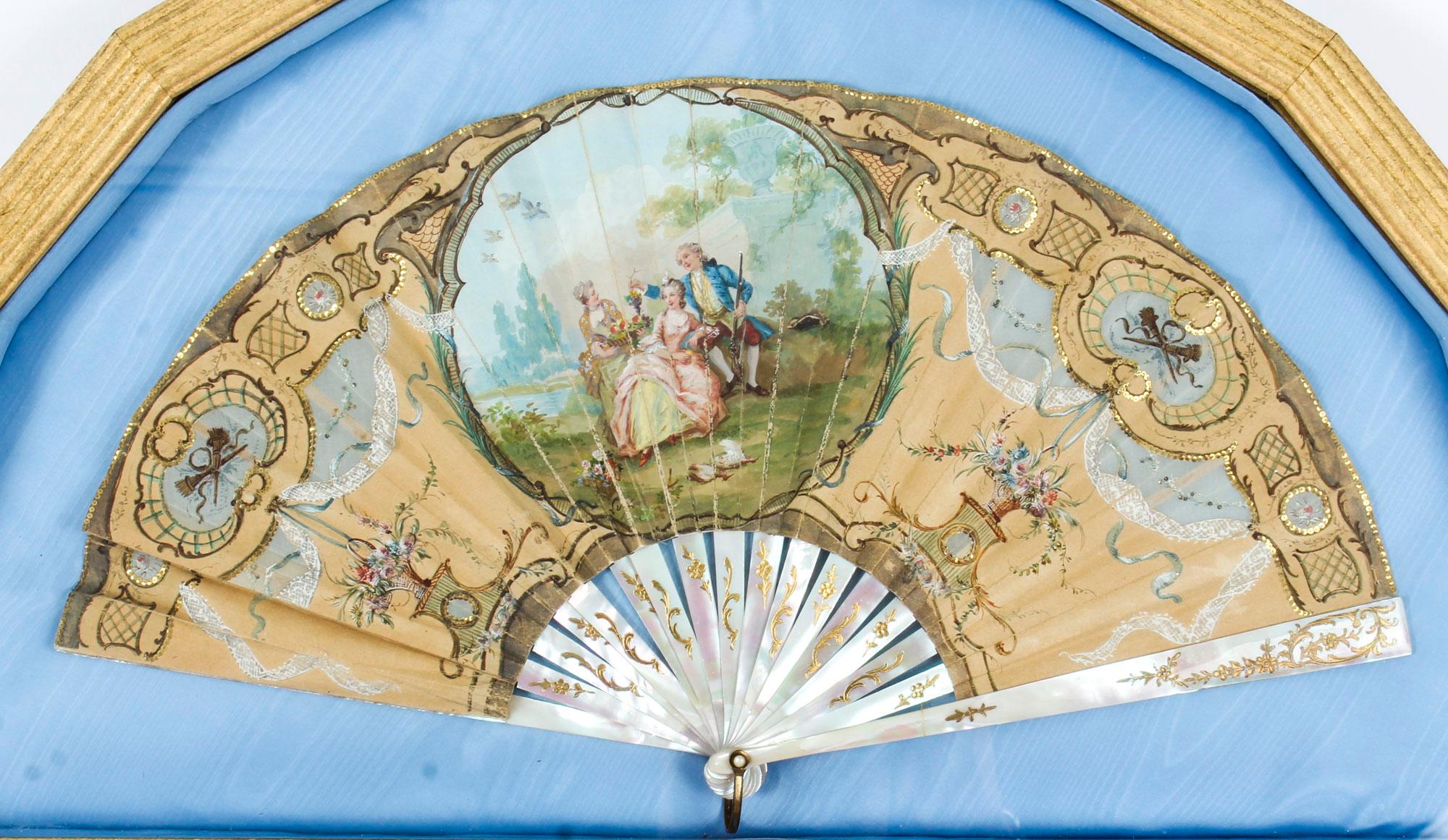 Late 19th Century Antique English Victorian Hand Painted Mother Pearl Fan with Frame 19th Century