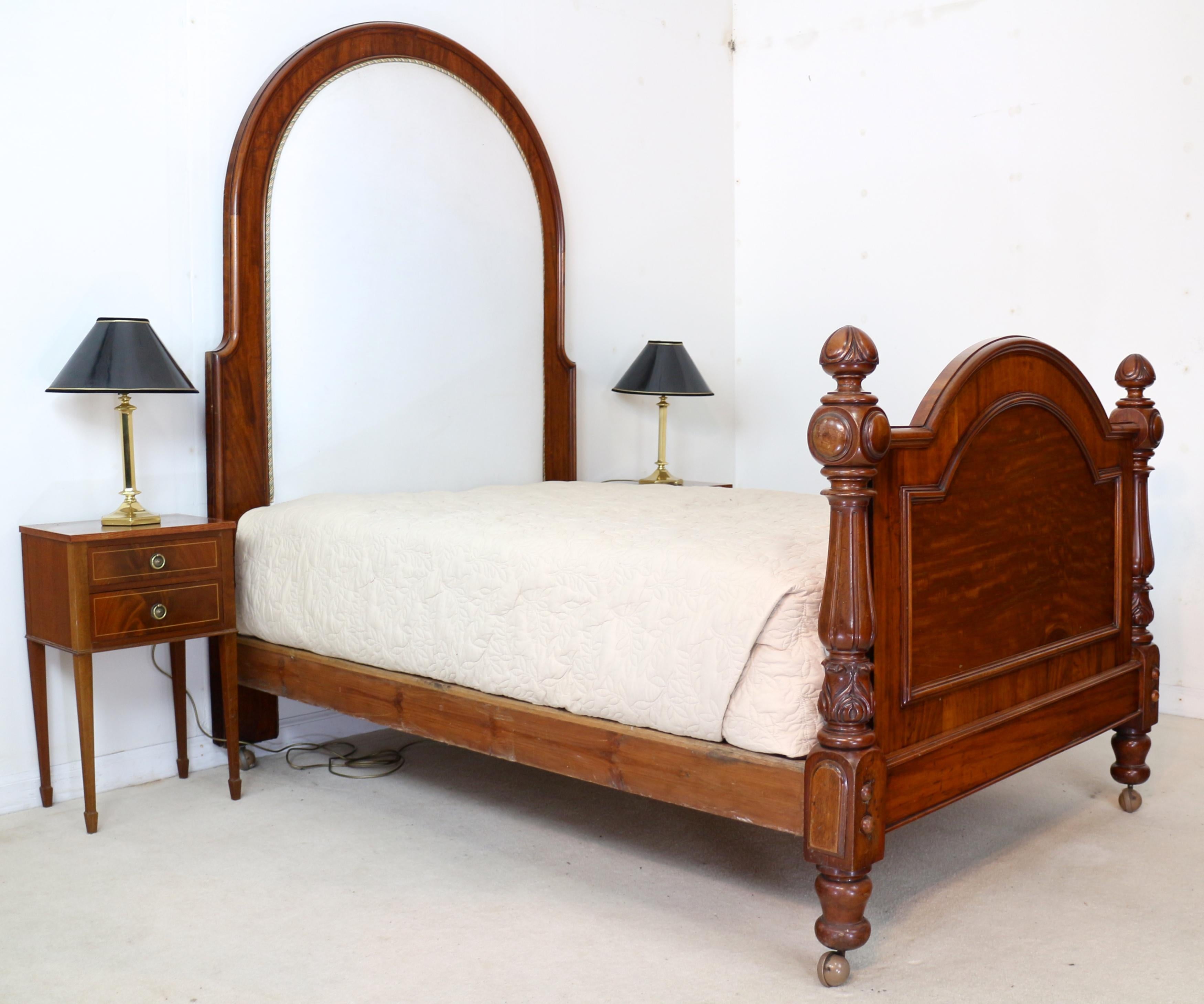 Antique English Victorian High Back Mahogany & Upholstered Bed For Sale 5